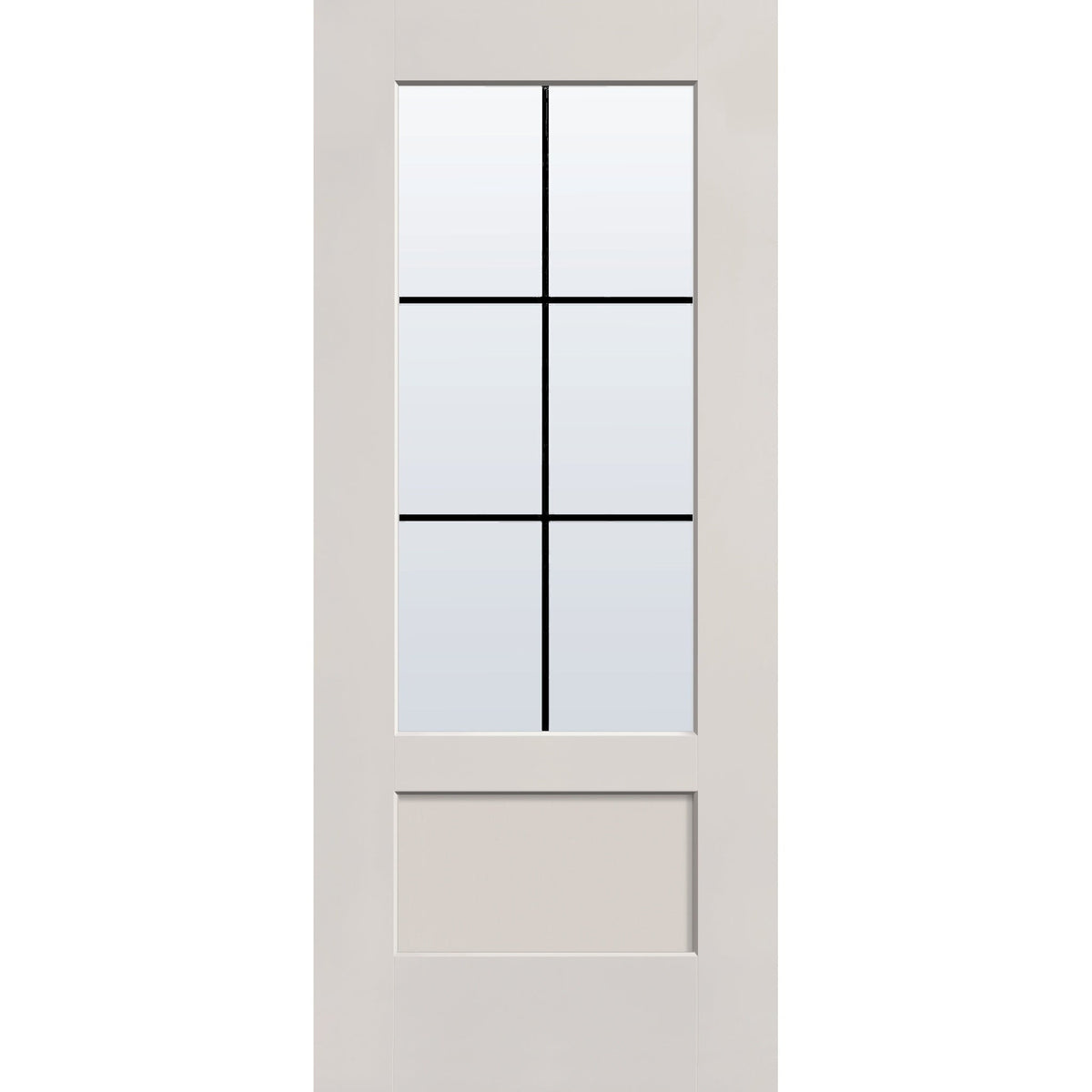 6 light grille flush glazed fiberglass entry door, 3/4 lite shaker, 34" x 80", white satin smooth finish, black grilles between glass