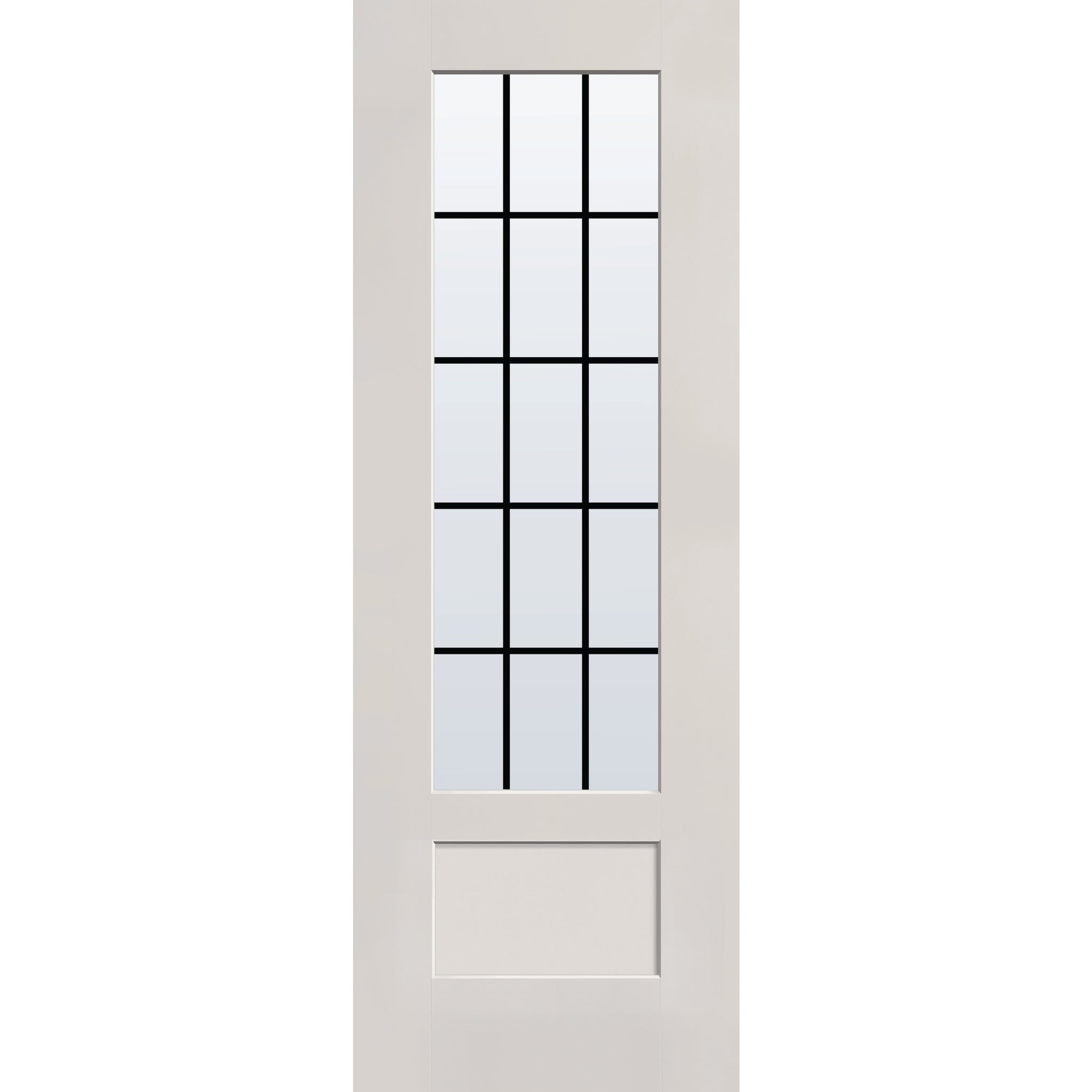 15 light grille flush glazed hurricane-rated fiberglass entry door, 3/4 lite shaker, 34" x 96", white satin smooth finish, white grilles between glass