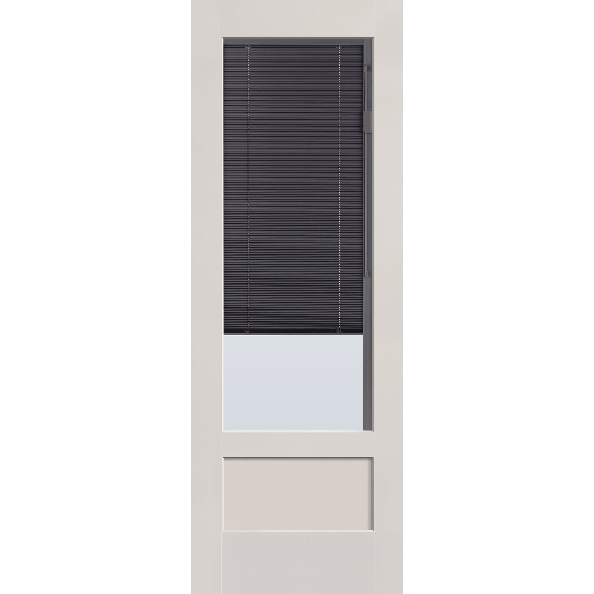 Raise & Lower Blinds flush glazed fiberglass entry door, 3/4 lite shaker, 34" x 96", white satin smooth finish, slate blinds