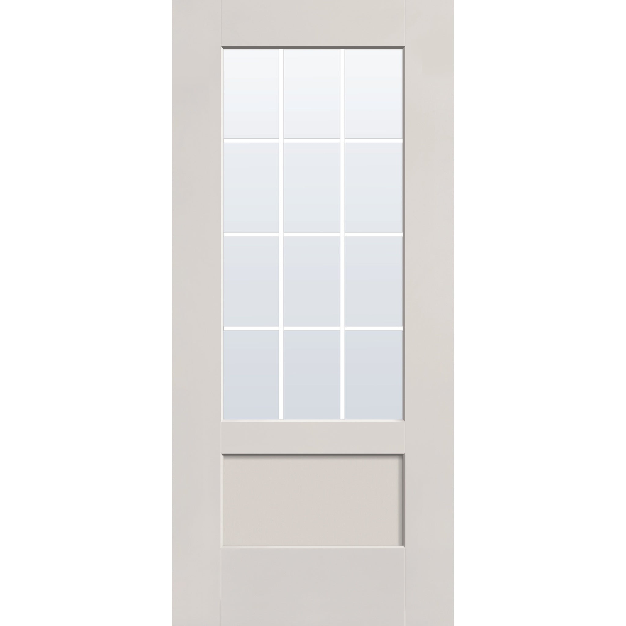 12 light grille flush glazed hurricane-rated fiberglass entry door, 3/4 lite shaker, 36" x 80", white satin smooth finish, white grilles between glass