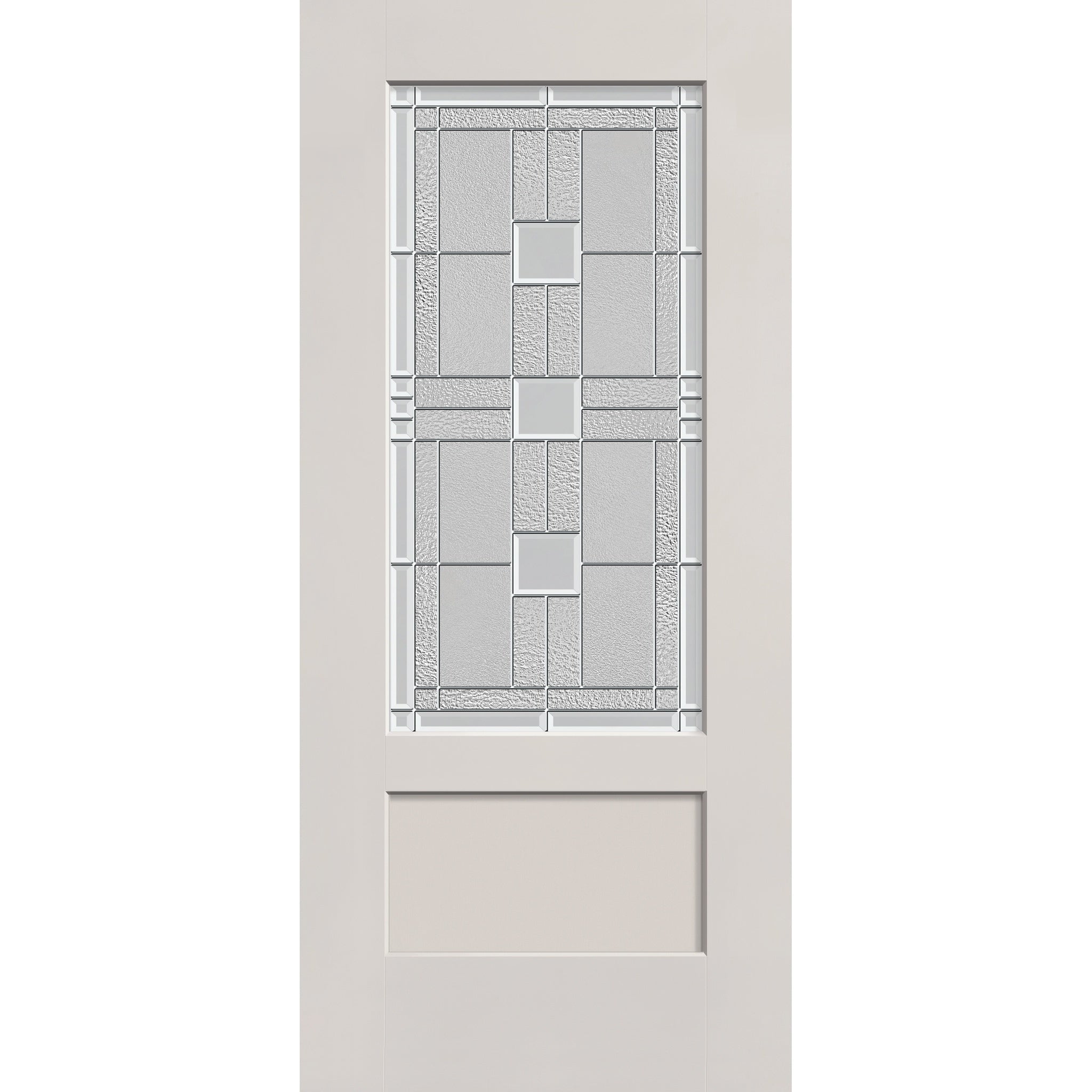 Austin flush glazed fiberglass entry door, 3/4 lite shaker, 36" x 80", white satin smooth finish, Satin Nickel caming