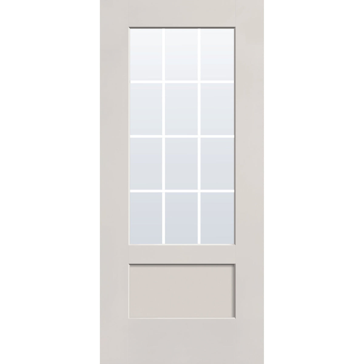 12 light grille flush glazed fiberglass entry door, 3/4 lite shaker, 36" x 80", white satin smooth finish, white grilles between glass