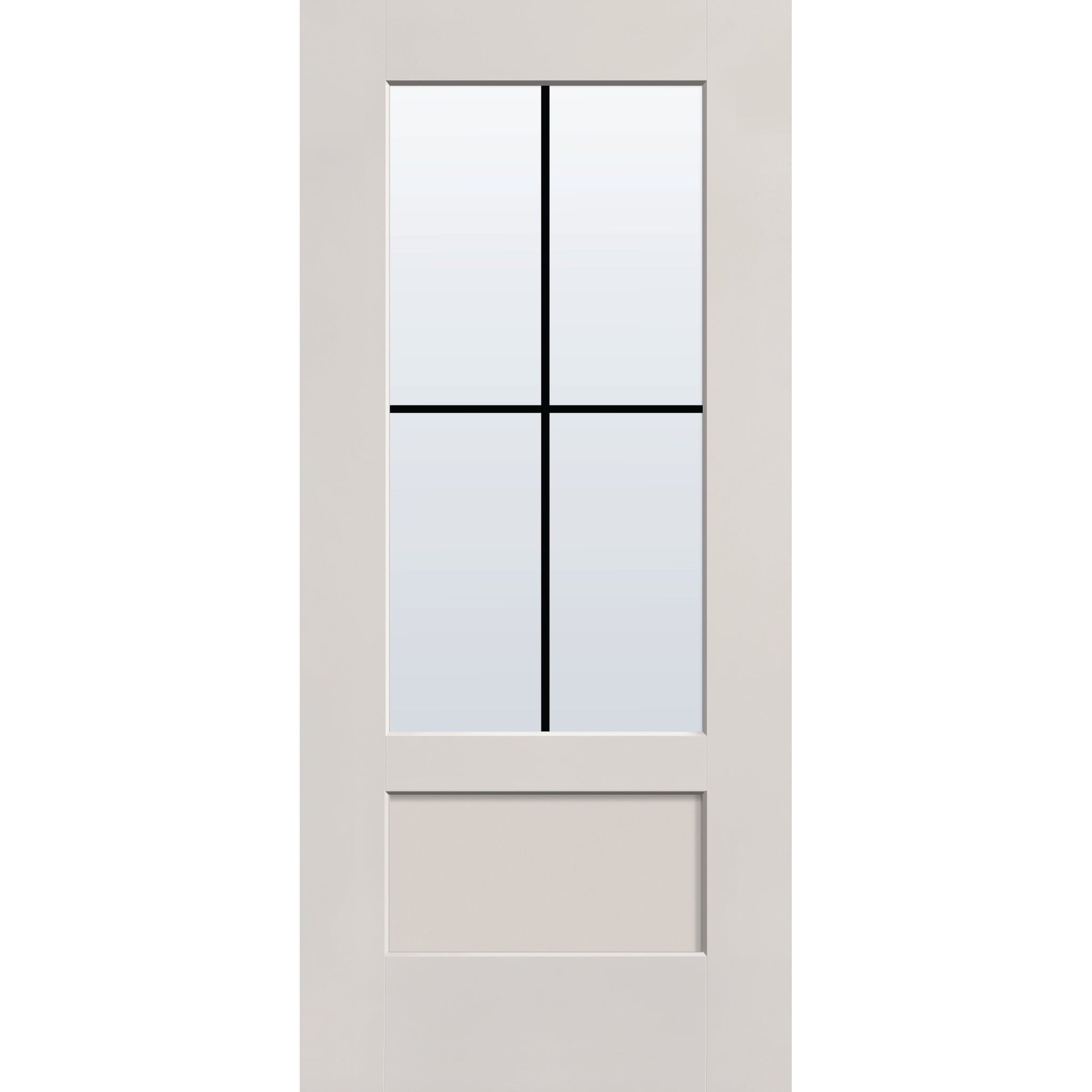 4 light grille flush glazed fiberglass entry door, 3/4 lite shaker, 36" x 80", white satin smooth finish, white grilles between glass