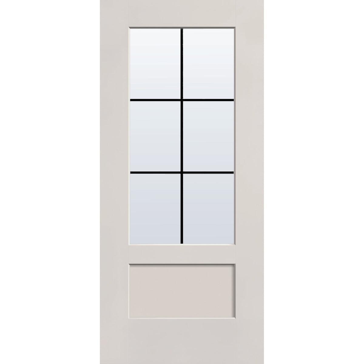6 light grille flush glazed fiberglass entry door, 3/4 lite shaker, 36" x 80", white satin smooth finish, black grilles between glass