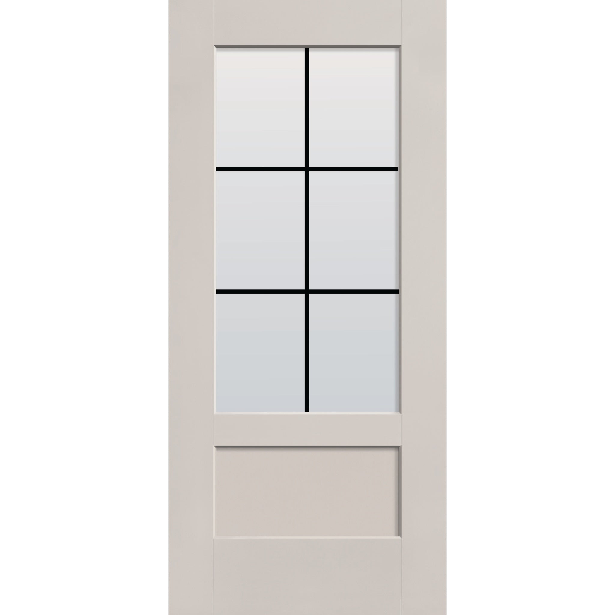 6 light grille flush glazed fiberglass entry door, 3/4 lite shaker, 36" x 80", white satin smooth finish, black grilles between glass