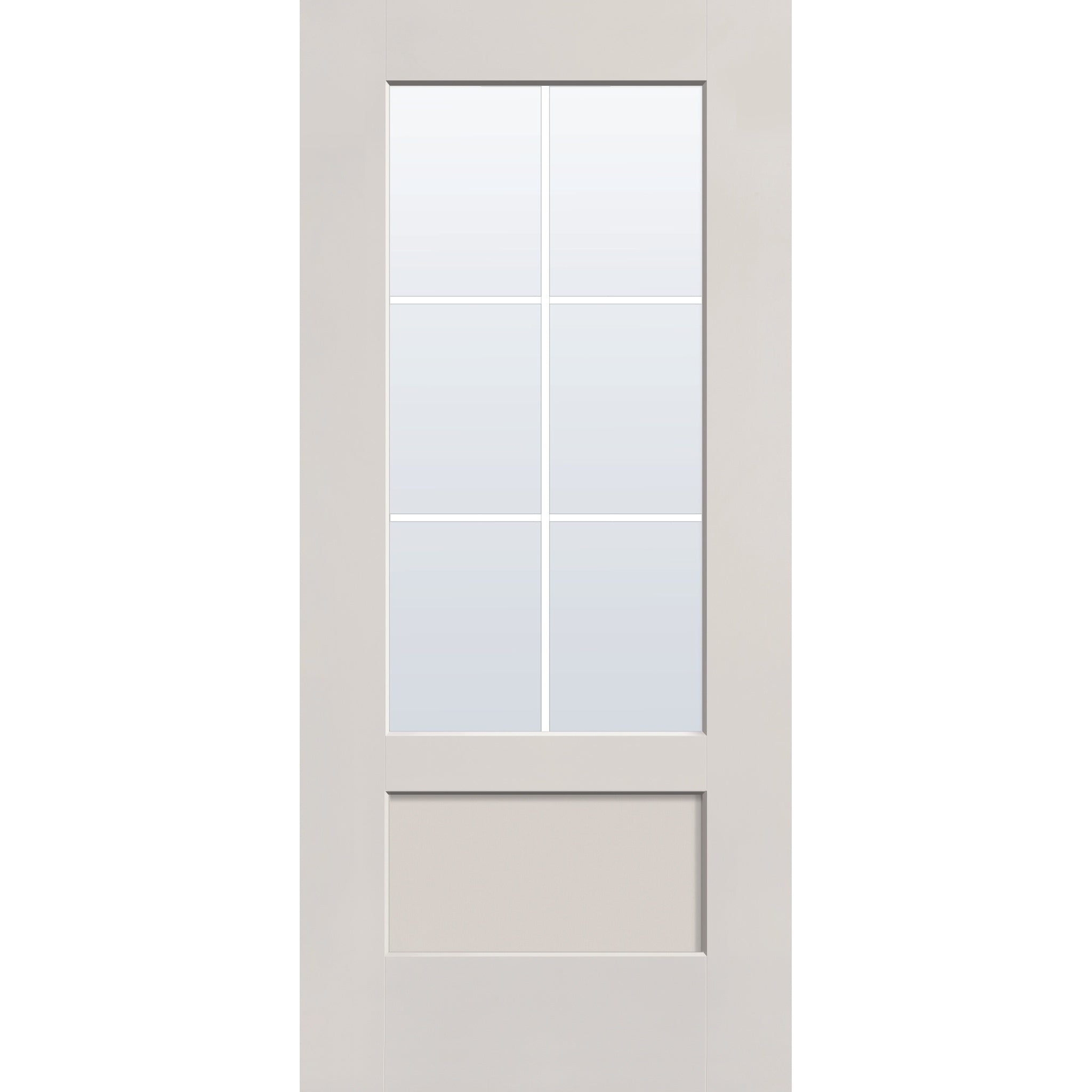 6 light grille flush glazed fiberglass entry door, 3/4 lite shaker, 36" x 80", white satin smooth finish, white grilles between glass