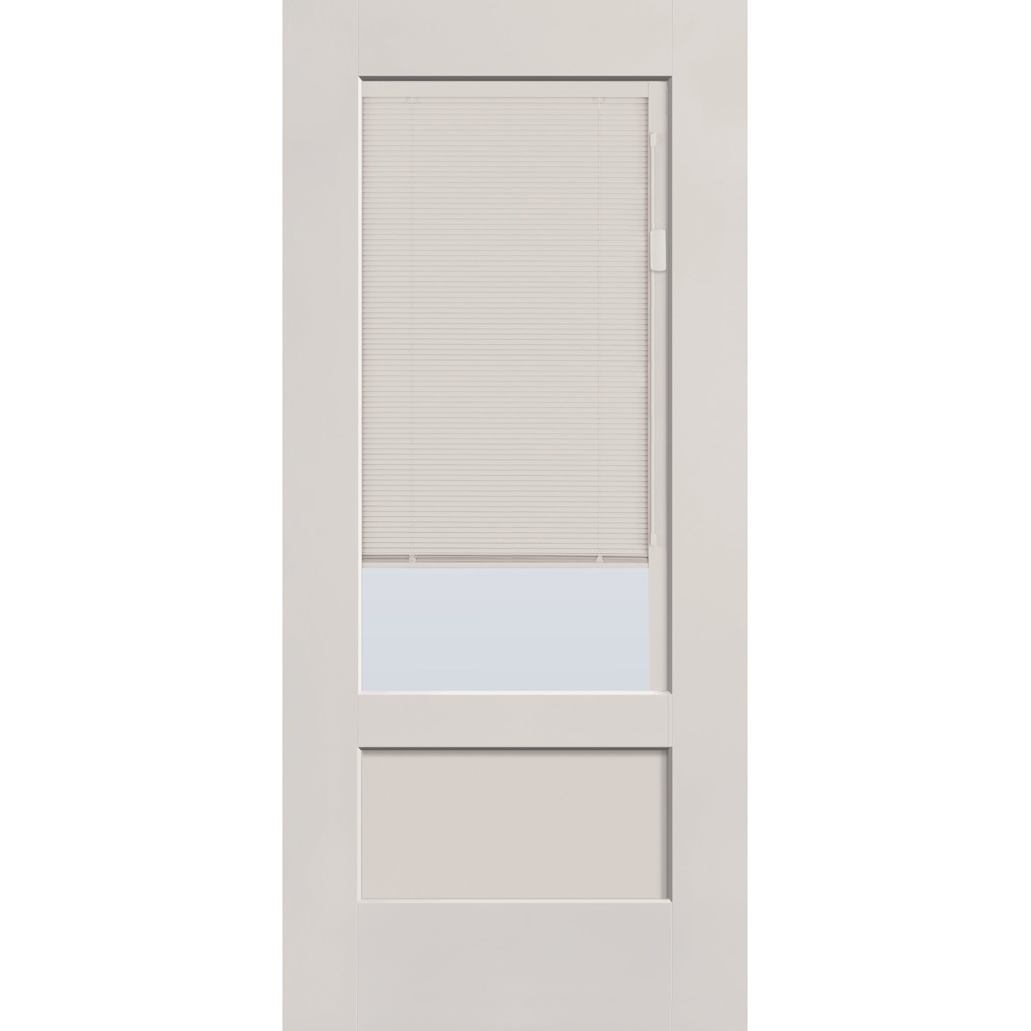 Raise & Lower Blinds flush glazed fiberglass entry door, 3/4 lite shaker, 36" x 80", white satin smooth finish, white blinds