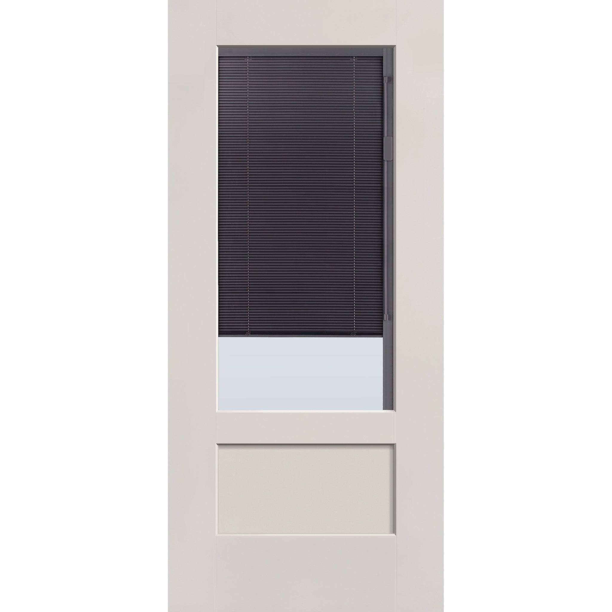 Raise & Lower Blinds flush glazed fiberglass entry door, 3/4 lite shaker, 36" x 80", white satin smooth finish, slate blinds