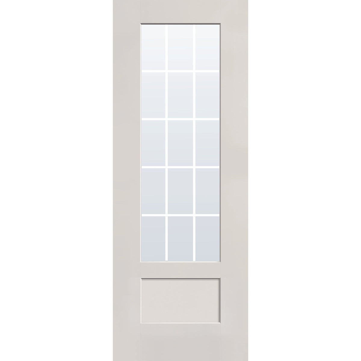 15 light grille flush glazed fiberglass entry door, 3/4 lite shaker, 36" x 96", white satin smooth finish, white grilles between glass