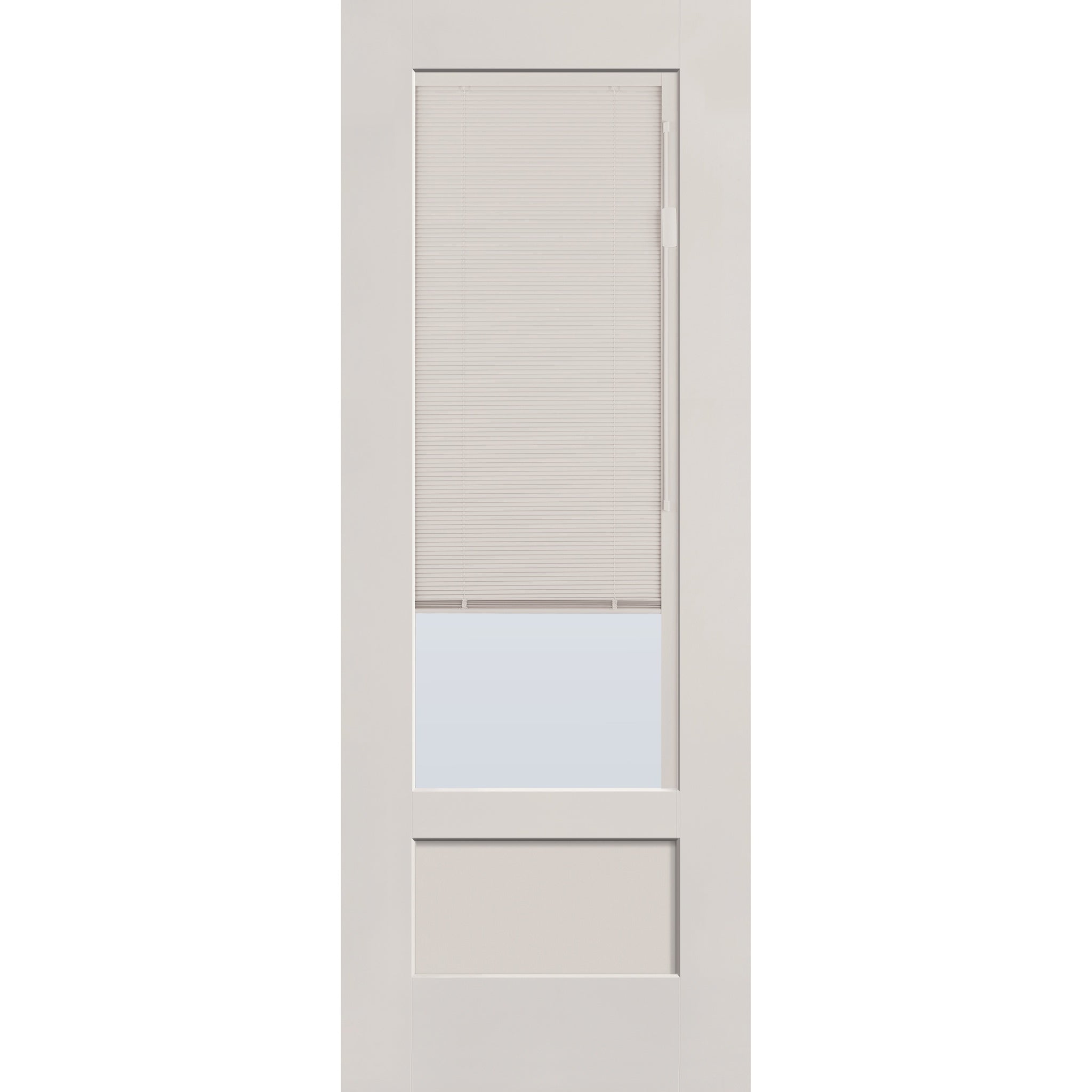 Raise & Lower Blinds flush glazed fiberglass entry door, 3/4 lite shaker, 36" x 96", white satin smooth finish, white blinds