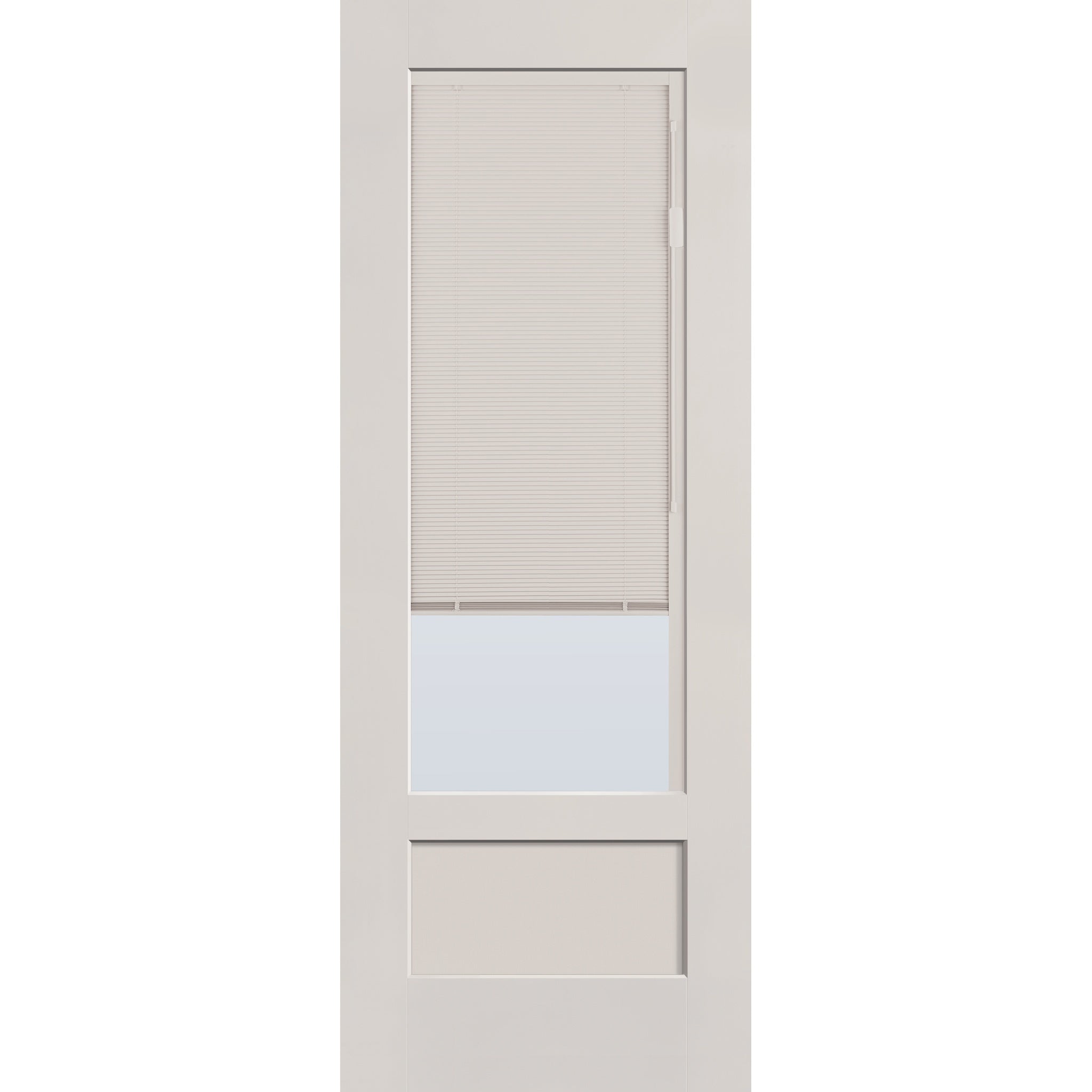 Raise & Lower Blinds flush glazed fiberglass entry door, 3/4 lite shaker, 36" x 96", white satin smooth finish, white blinds