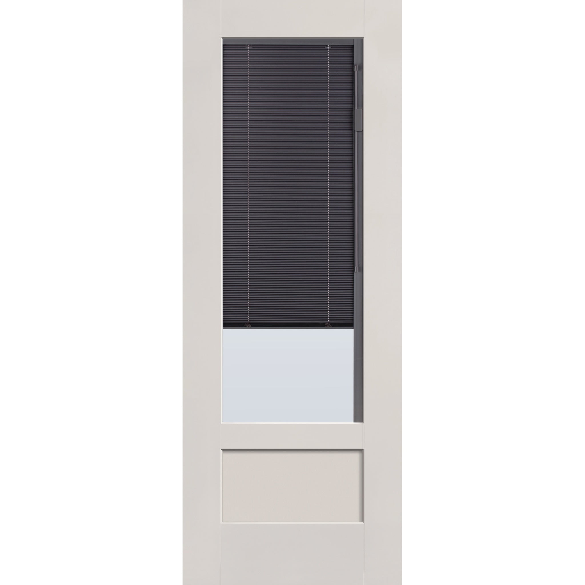 Raise & Lower Blinds flush glazed fiberglass entry door, 3/4 lite shaker, 36" x 96", white satin smooth finish, slate blinds