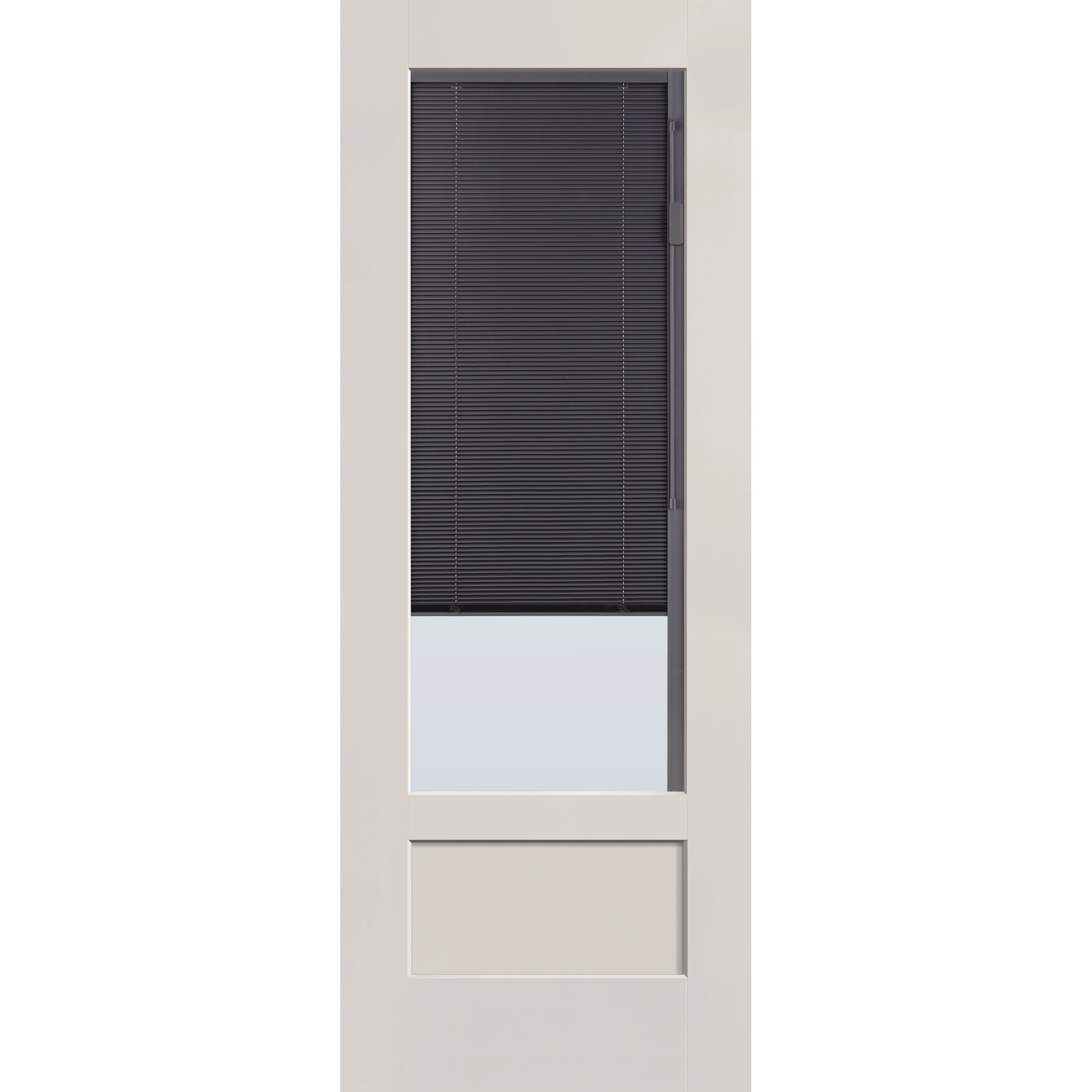 Raise & Lower Blinds flush glazed fiberglass entry door, 3/4 lite shaker, 36" x 96", white satin smooth finish, slate blinds