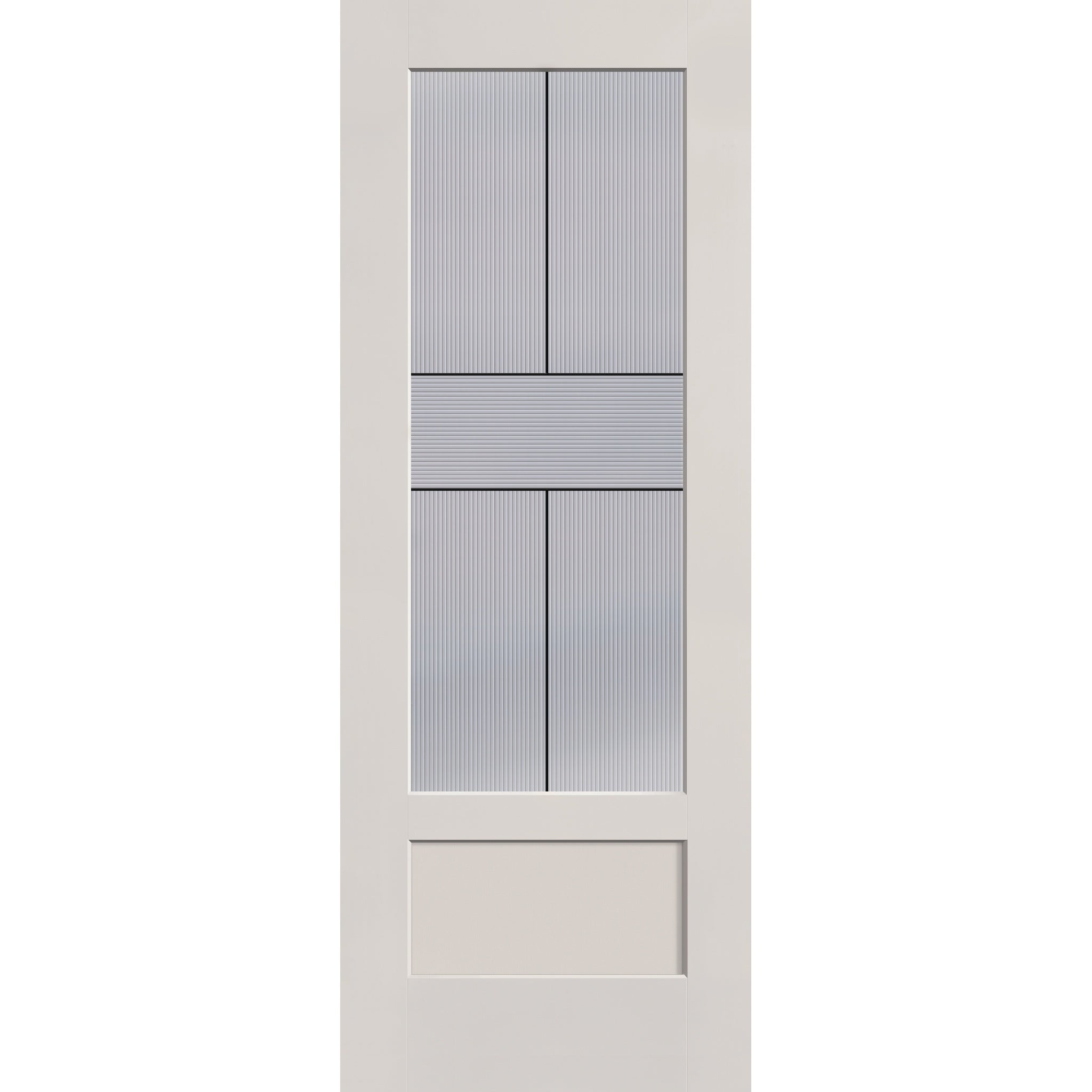 Rill flush glazed fiberglass entry door, 3/4 lite shaker, 36" x 96", white satin smooth finish, Black Aluminum caming