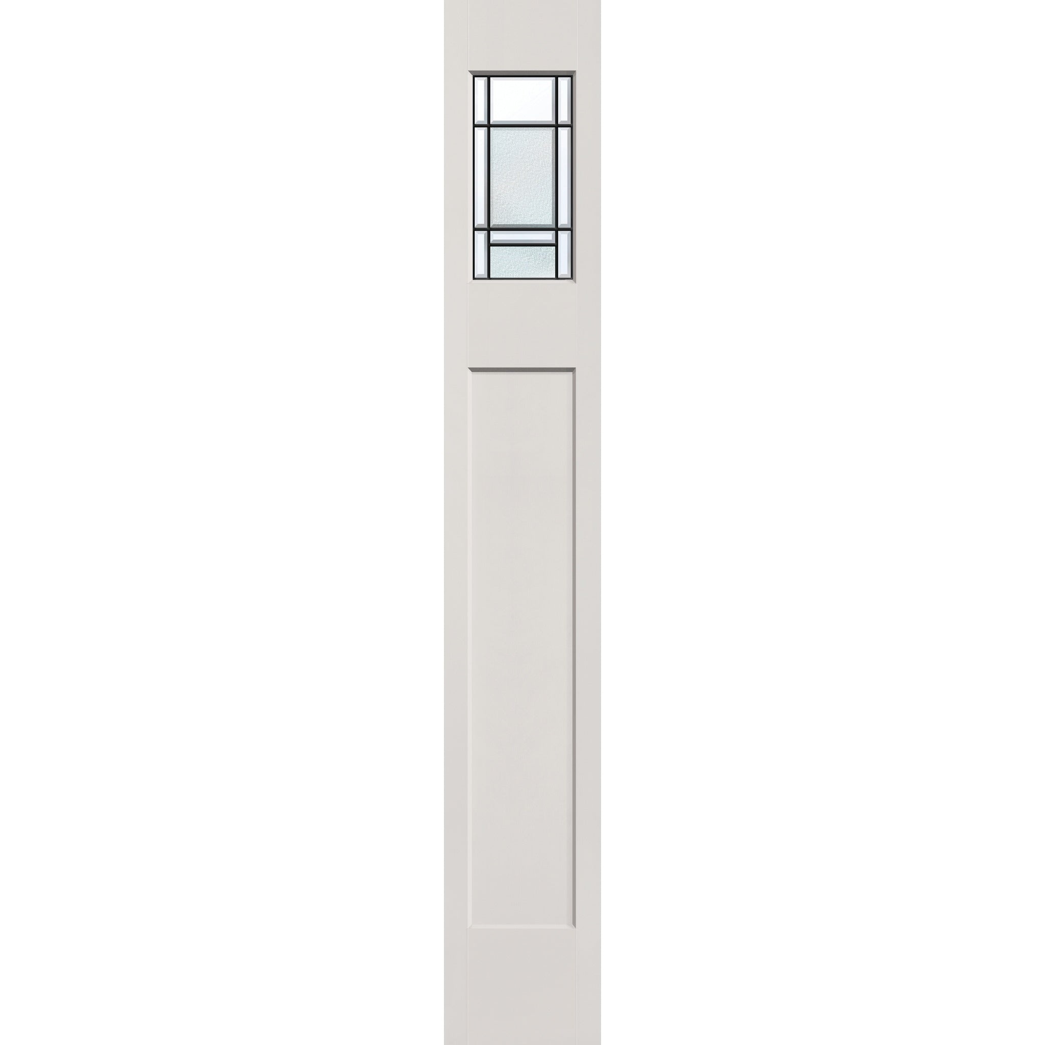 Berkley flush glazed hurricane-rated fiberglass sidelite panel, Craftsman top lite, 12" x 80", white satin smooth finish, Patina caming