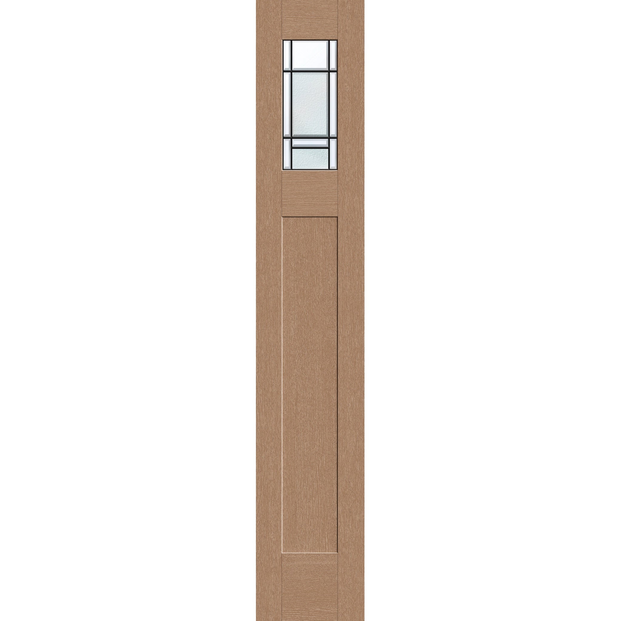 Berkley flush glazed fiberglass sidelite panel, Craftsman top lite, 14" x 80", tan woodgrain finish, Patina caming
