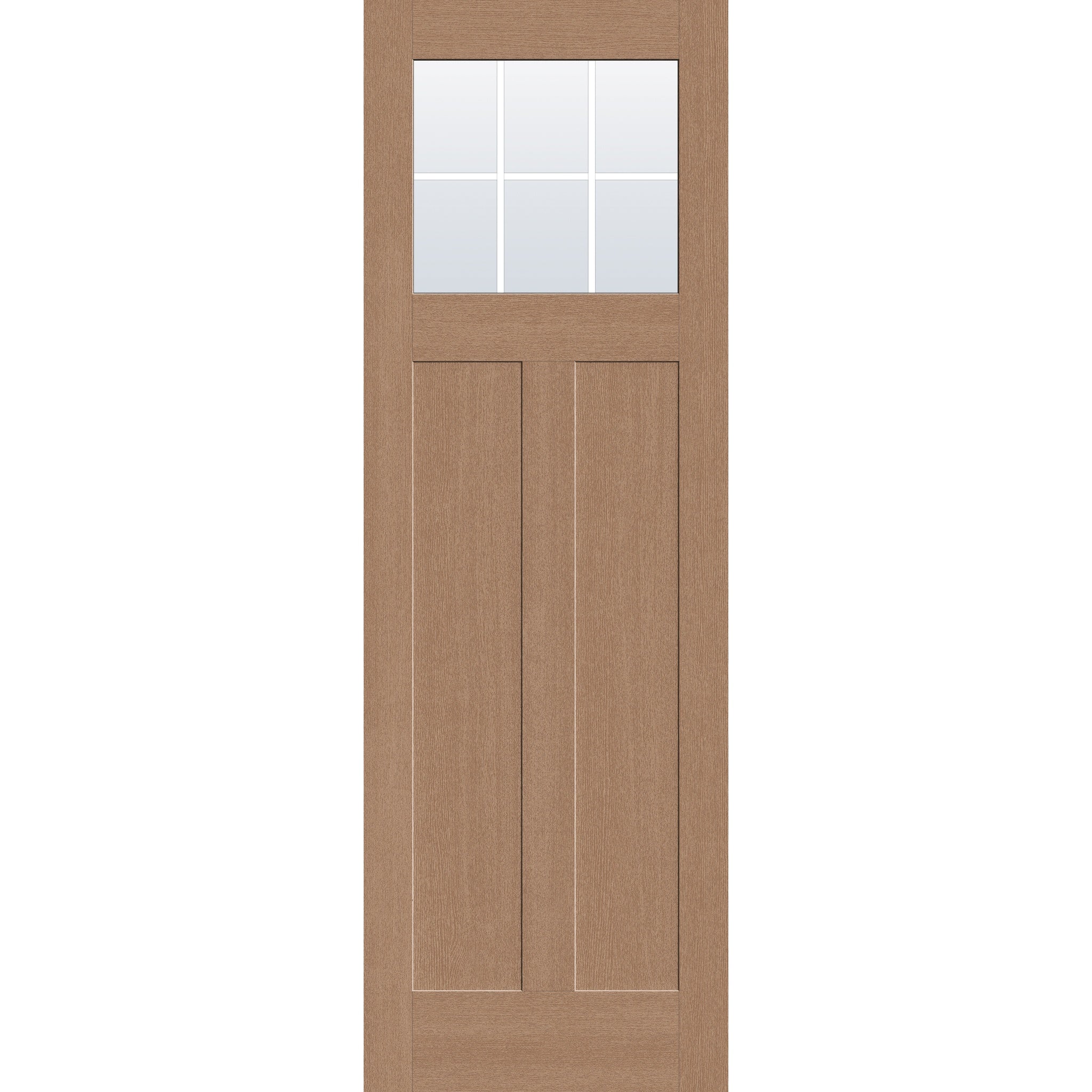 6 light grille flush glazed fiberglass entry door, Craftsman 2 panel, 32" x 96", tan woodgrain finish, white grilles between glass