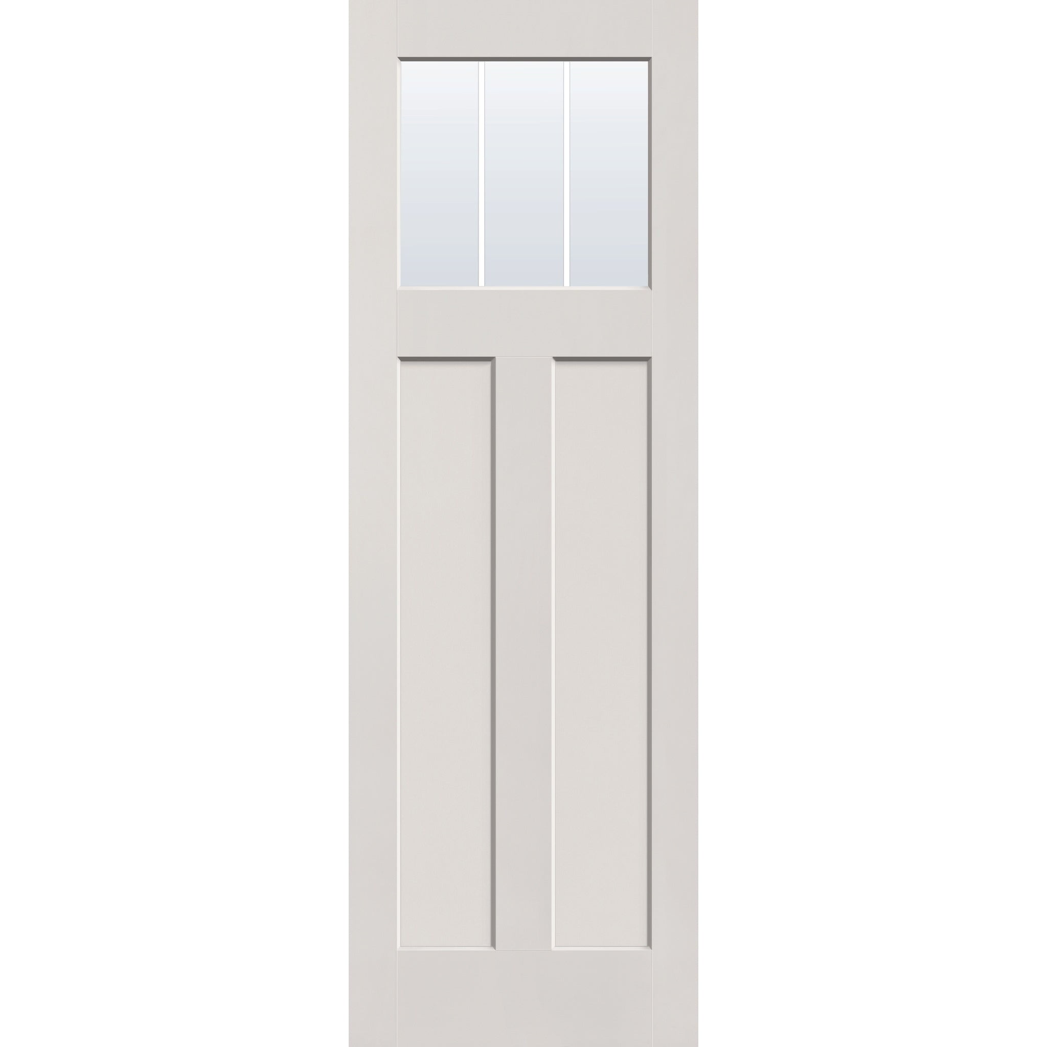 3 light grille flush glazed hurricane-rated fiberglass entry door, Craftsman 2 panel, 32" x 96", white satin smooth finish, white grilles between glass