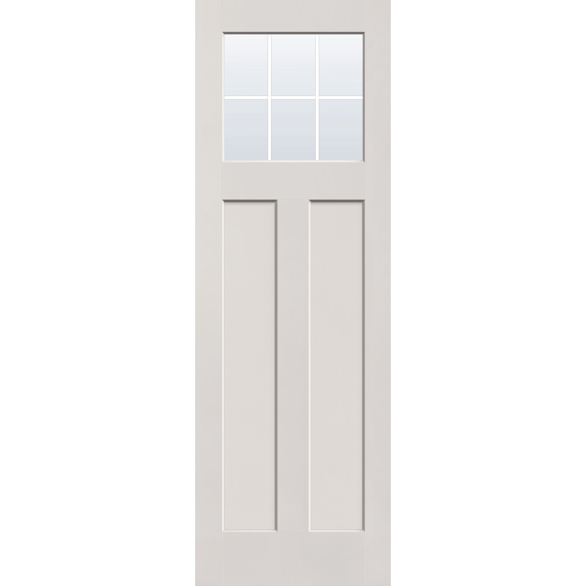 6 light grille flush glazed hurricane-rated fiberglass entry door, Craftsman 2 panel, 32" x 96", white satin smooth finish, white grilles between glass