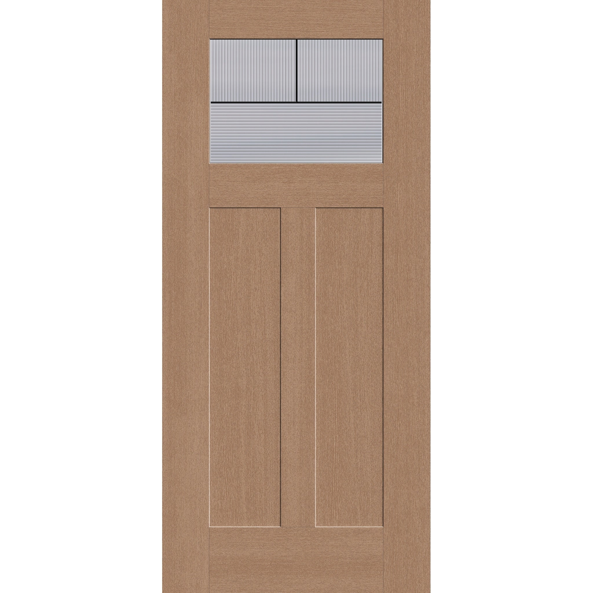 Rill flush glazed fiberglass entry door, Craftsman 2 panel, 36" x 80", tan woodgrain finish, Black Aluminum caming