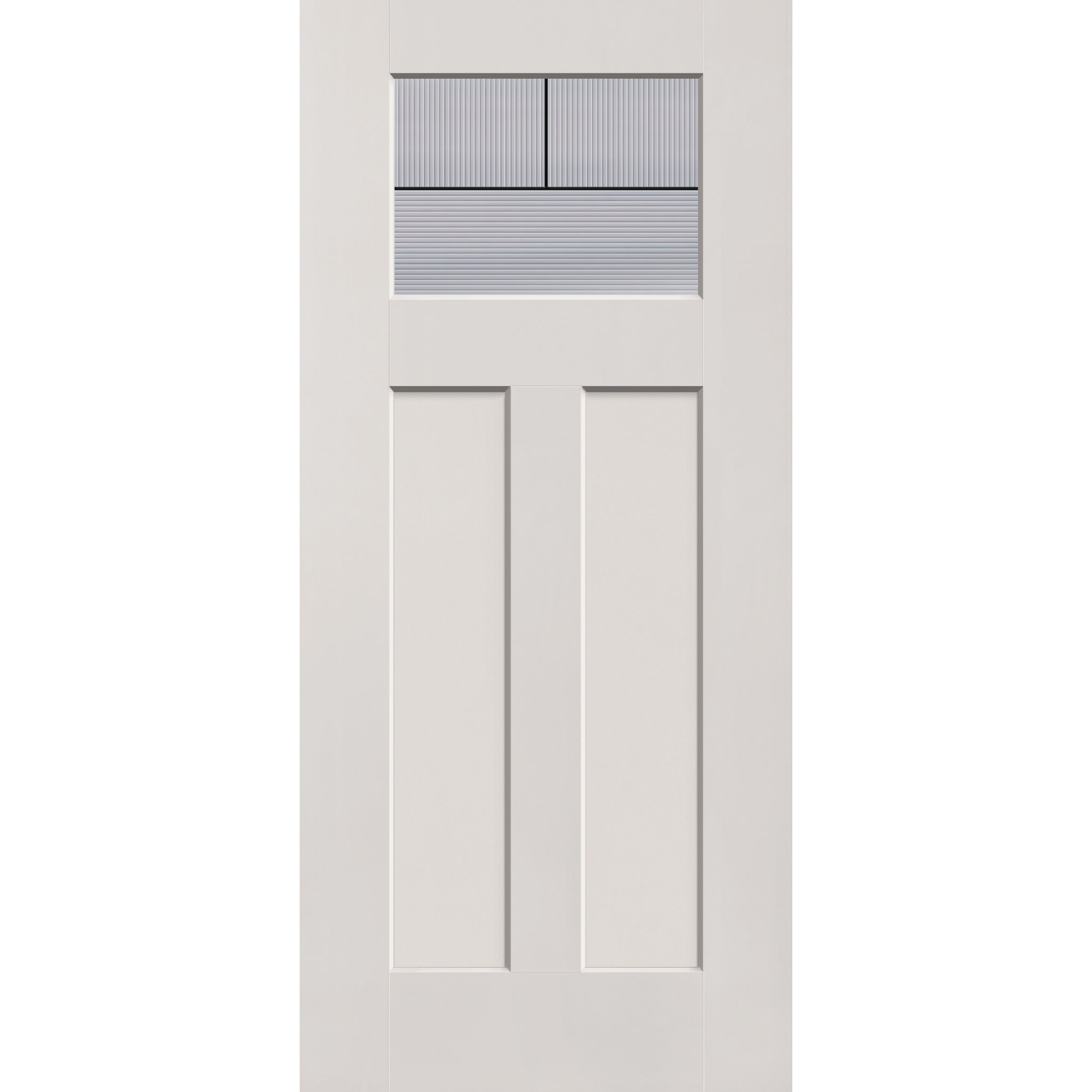 Rill flush glazed fiberglass entry door, Craftsman 2 panel, 36" x 80", white satin smooth finish, Black Aluminum caming