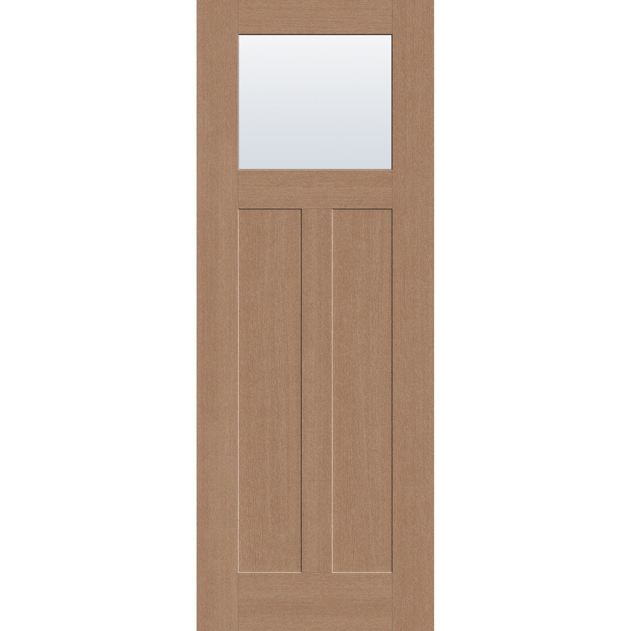 Clear flush glazed fiberglass entry door, Craftsman 2 panel, 36" x 96", tan woodgrain finish