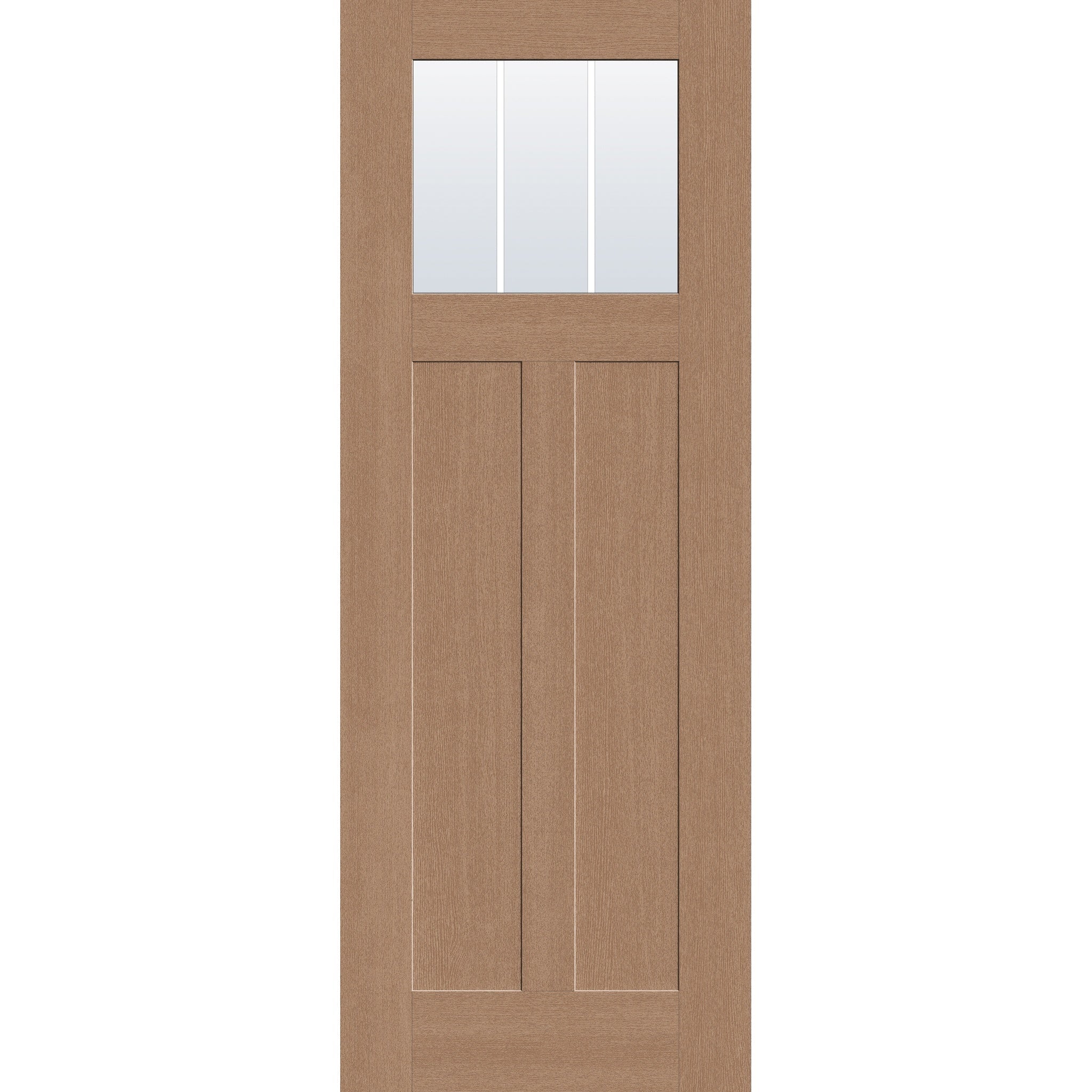 3 light grille flush glazed fiberglass entry door, Craftsman 2 panel, 36" x 96", tan woodgrain finish, white grilles between glass