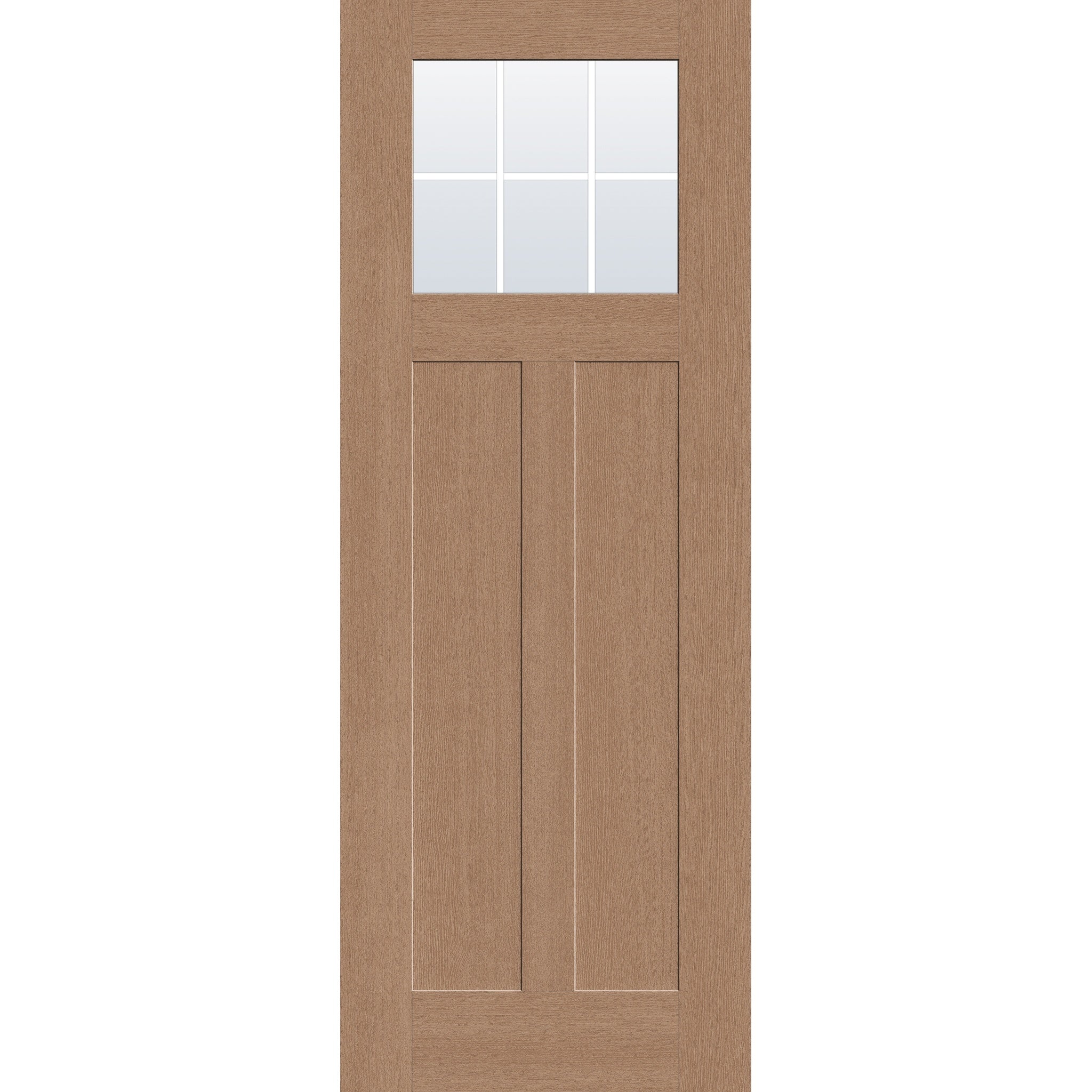 6 light grille flush glazed fiberglass entry door, Craftsman 2 panel, 36" x 96", tan woodgrain finish, white grilles between glass