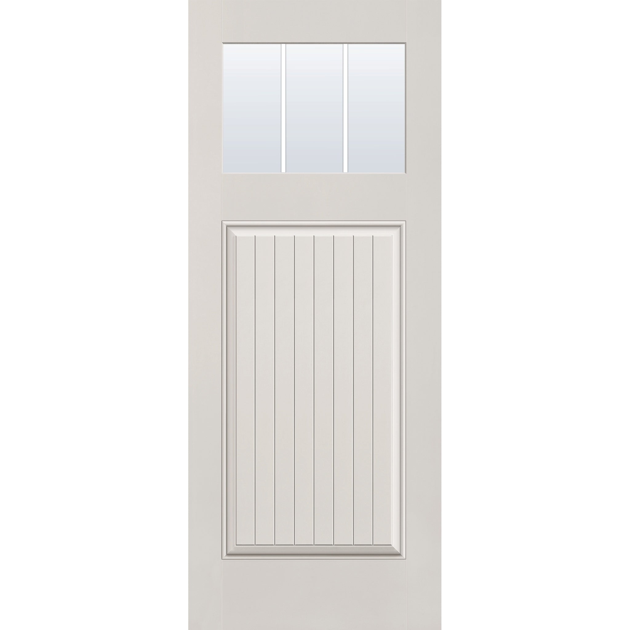 3 light grille flush glazed fiberglass entry door, Craftsman plank, 32" x 80", white satin smooth finish, white grilles between glass