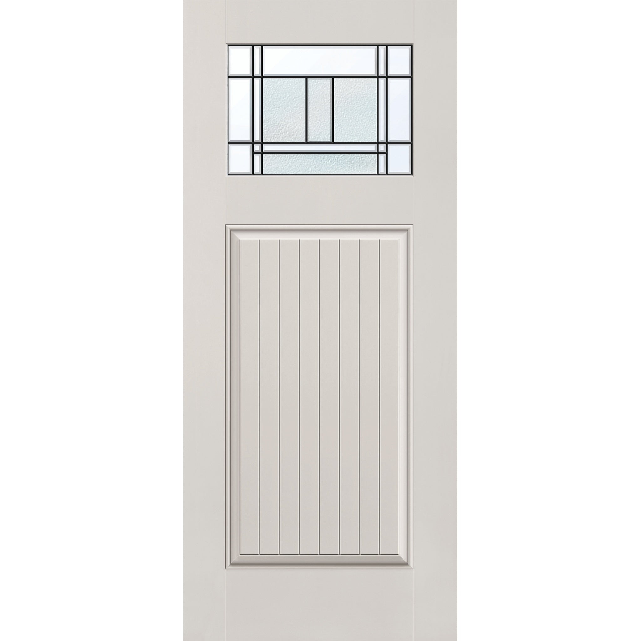 Berkley flush glazed fiberglass entry door, Craftsman plank, 34" x 80", white satin smooth finish, Patina caming