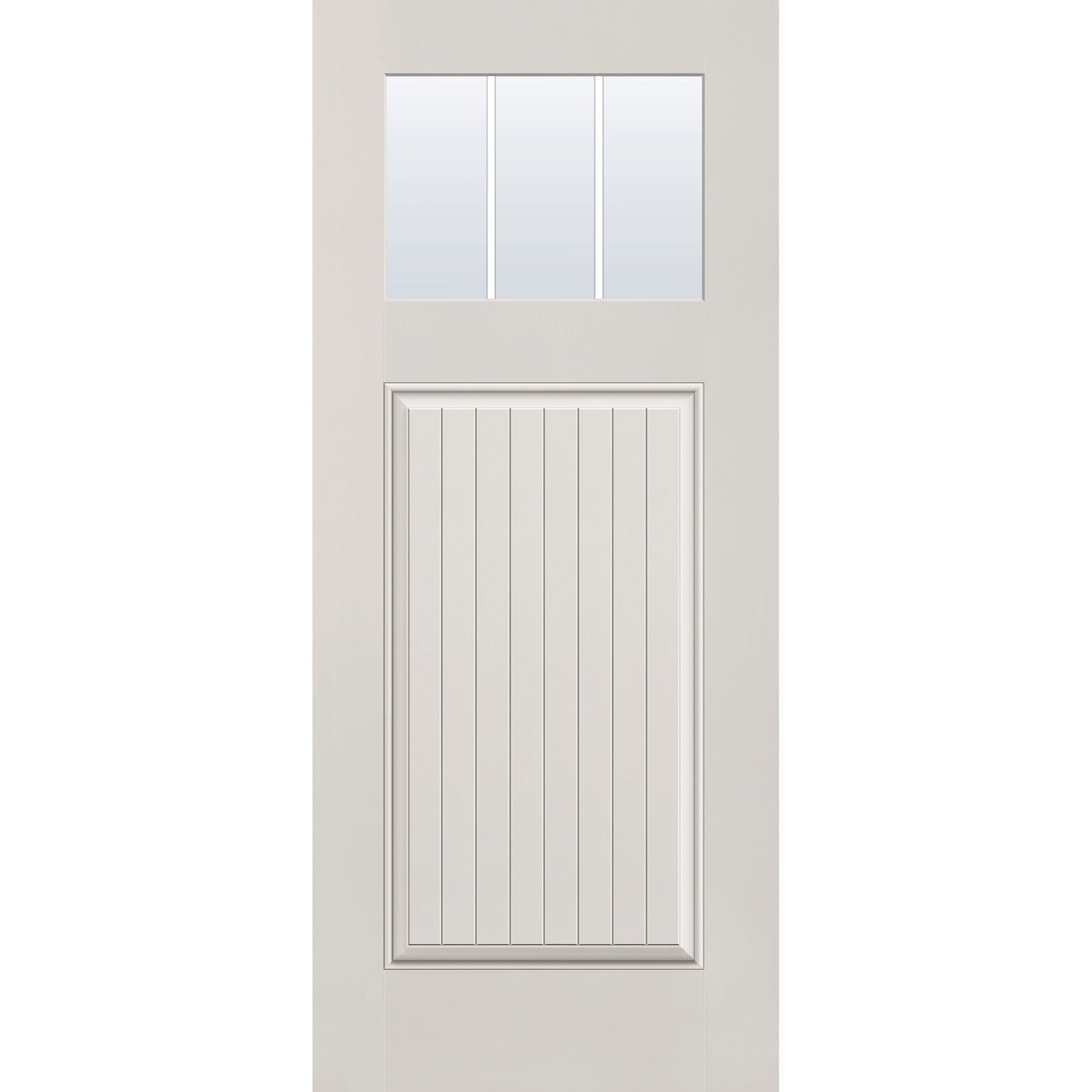 3 light grille flush glazed fiberglass entry door, Craftsman plank, 34" x 80", white satin smooth finish, white grilles between glass