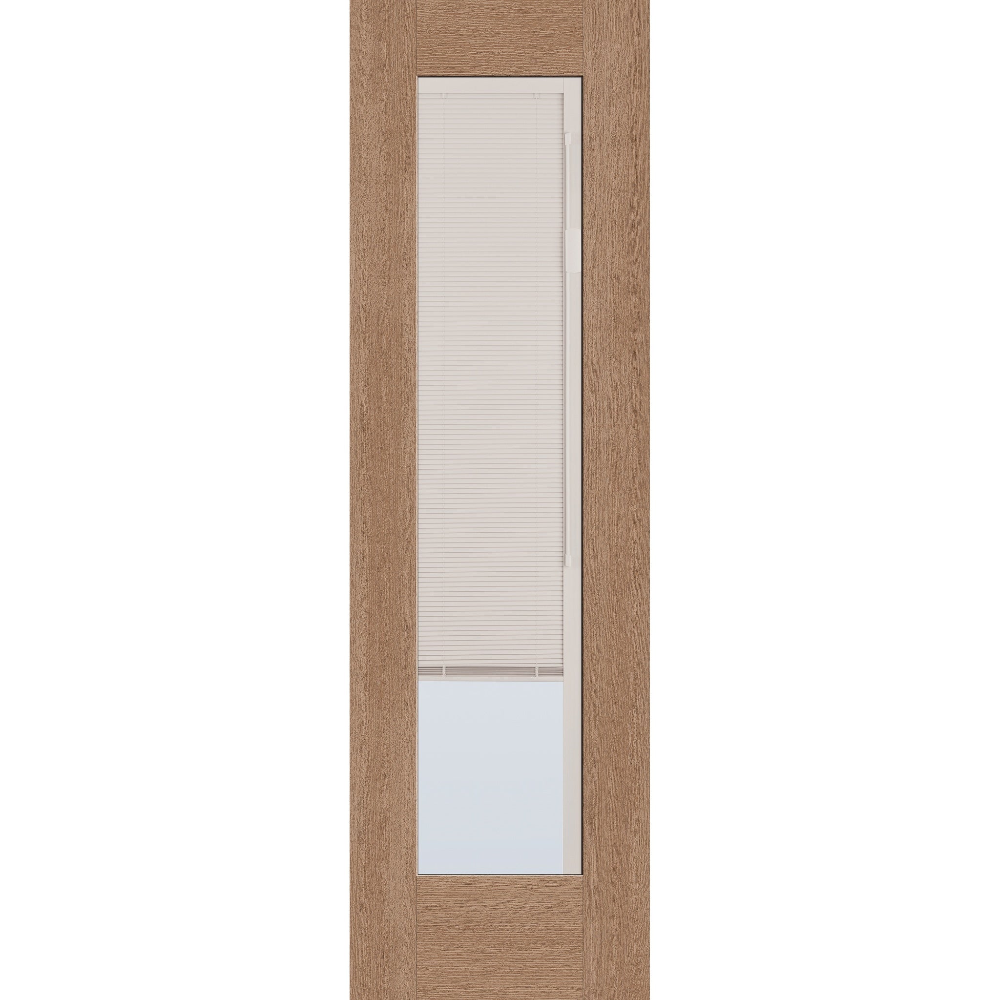 Raise & Lower Blinds flush glazed fiberglass entry door, full lite, 24" x 80", tan woodgrain finish, white blinds