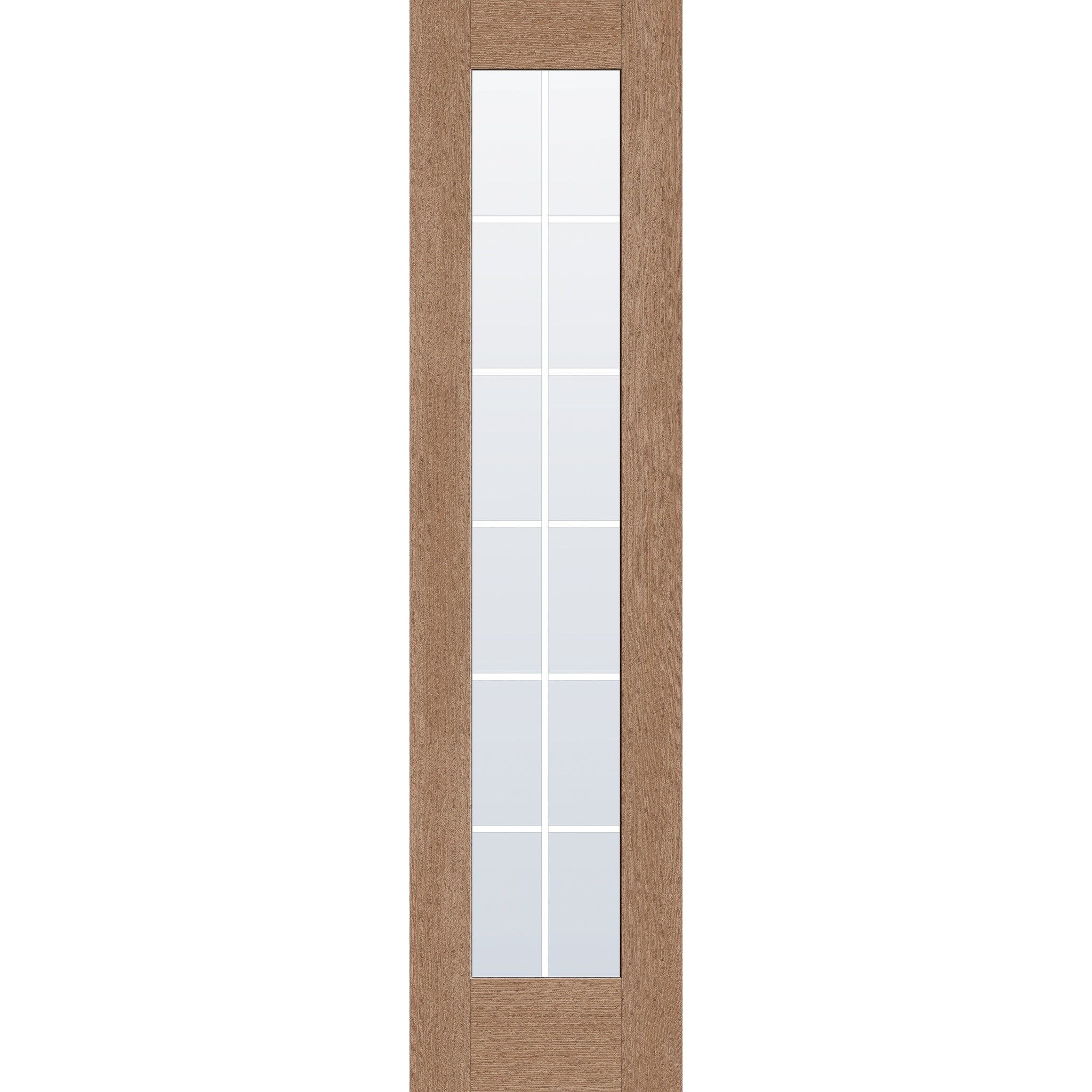 12 light grille flush glazed hurricane-rated fiberglass entry door, full lite, 24" x 96", tan woodgrain finish, white grilles between glass