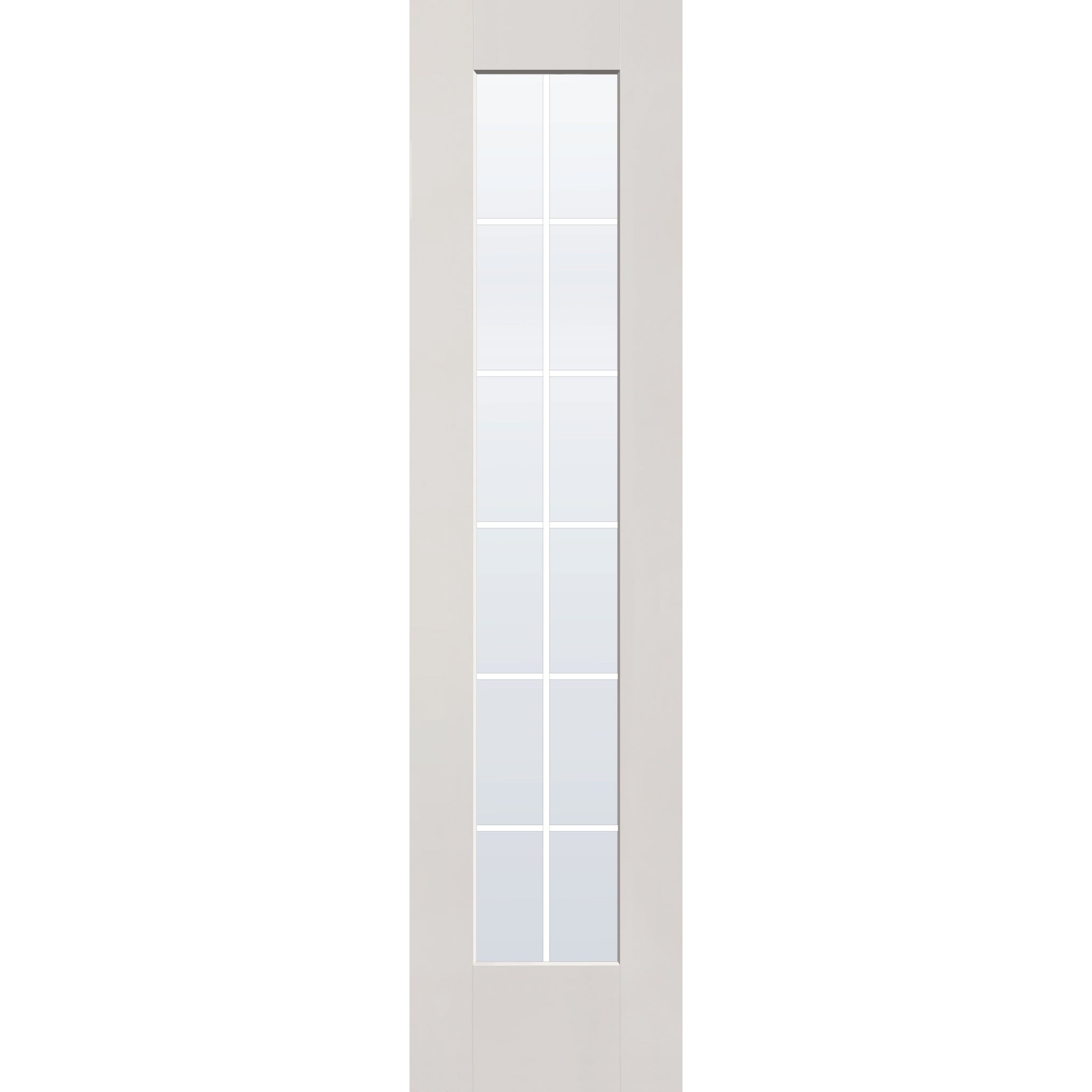 12 light grille flush glazed hurricane-rated fiberglass entry door, full lite, 24" x 96", white satin smooth finish, white grilles between glass