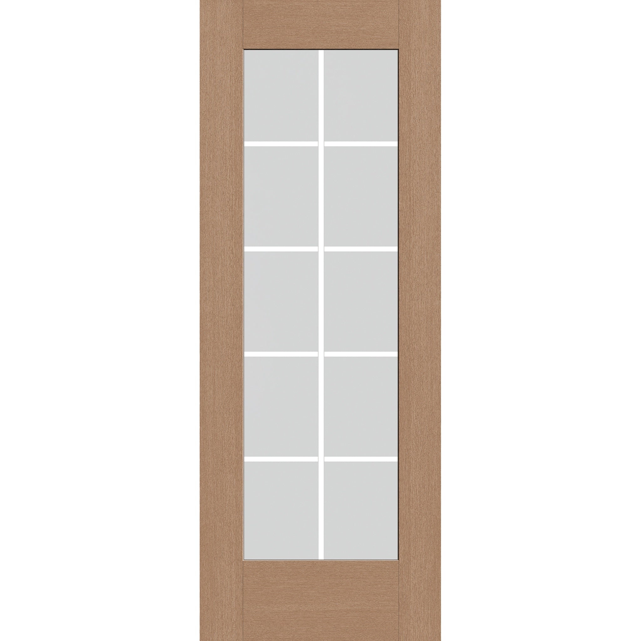 10 light grille flush glazed hurricane-rated fiberglass entry door, full lite, 30" x 80", tan woodgrain finish, white grilles between glass