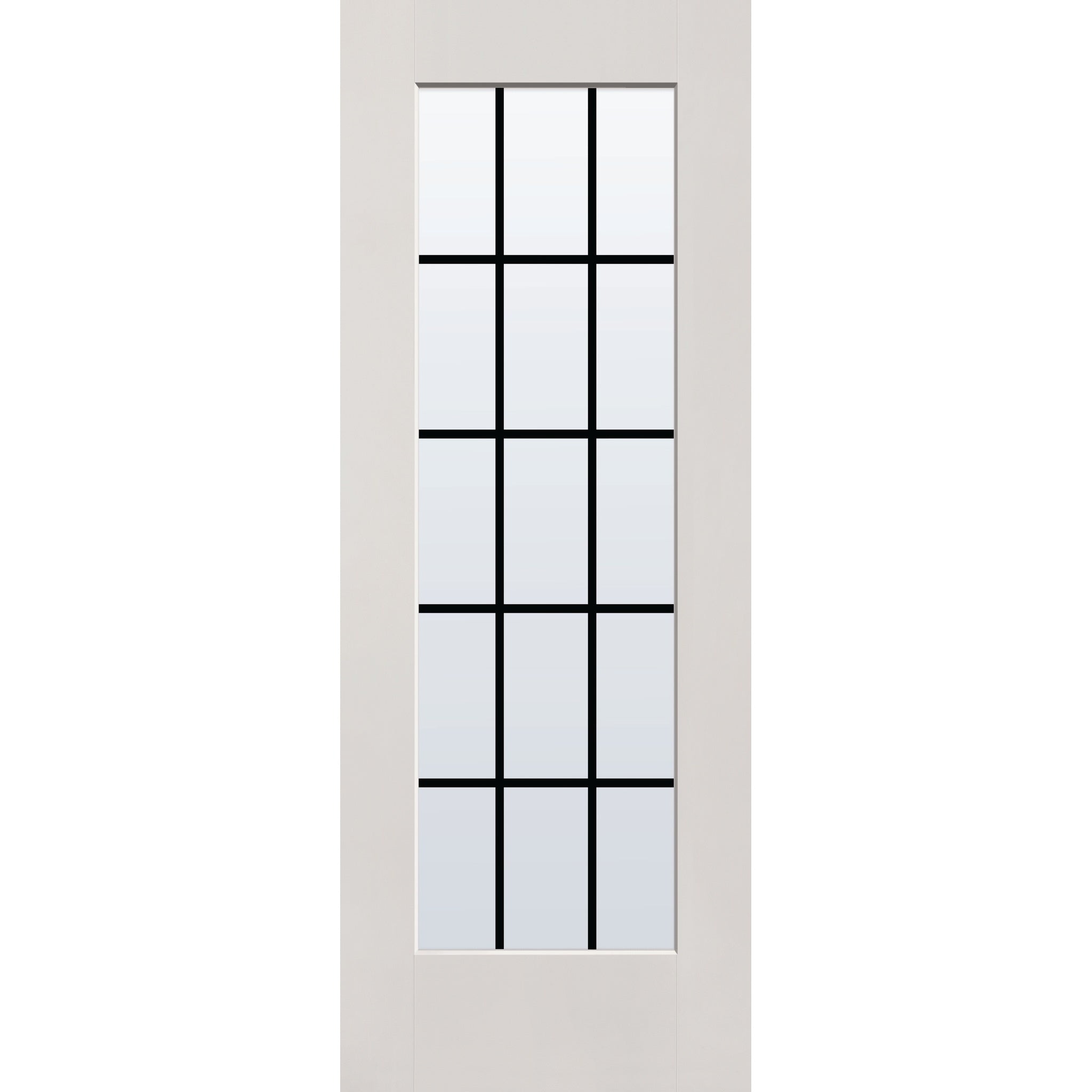 15 light grille flush glazed hurricane-rated fiberglass entry door, full lite, 30" x 80", white satin smooth finish, black grilles between glass