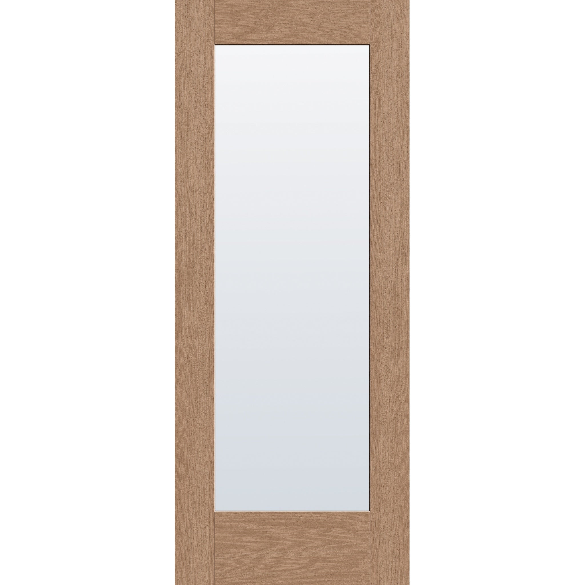 Clear flush glazed hurricane-rated fiberglass entry door, full lite, 32" x 80", tan woodgrain finish