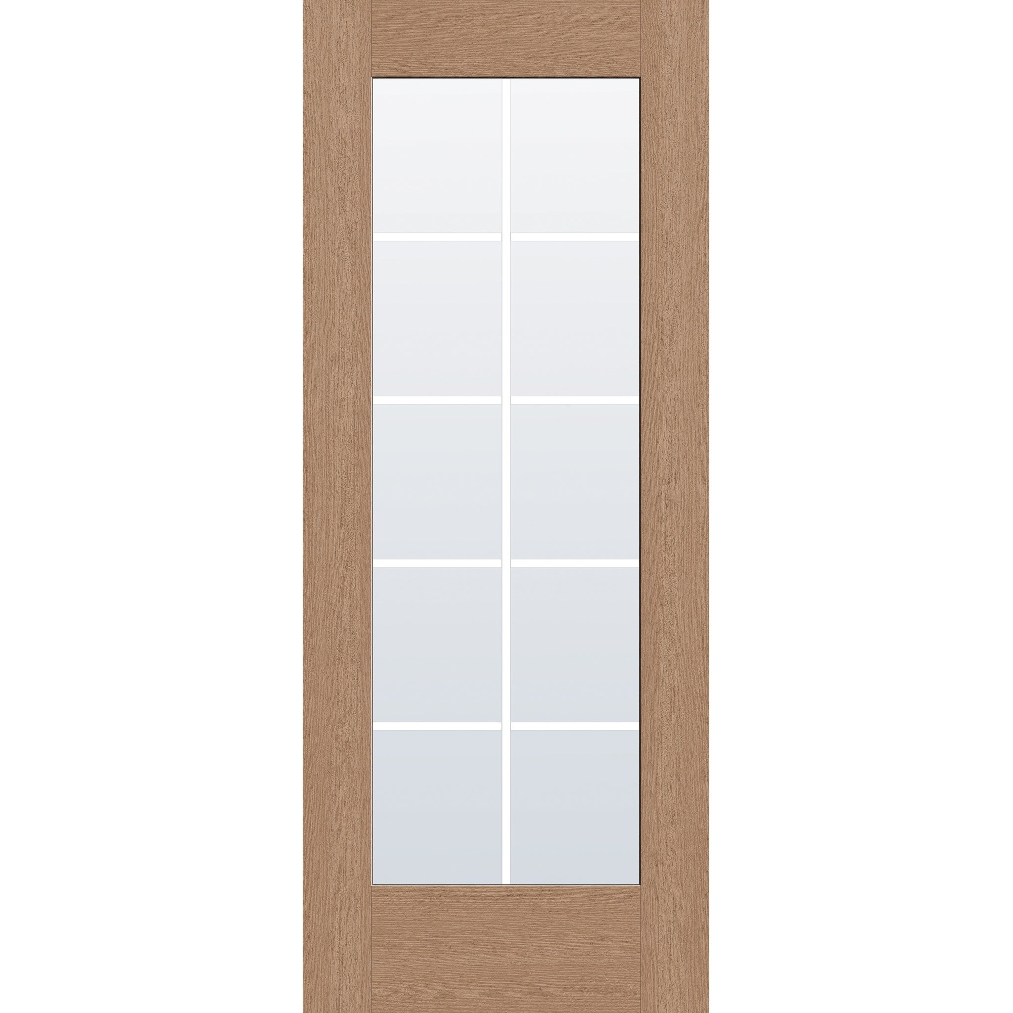 10 light grille flush glazed fiberglass entry door, full lite, 32" x 80", tan woodgrain finish, white grilles between glass