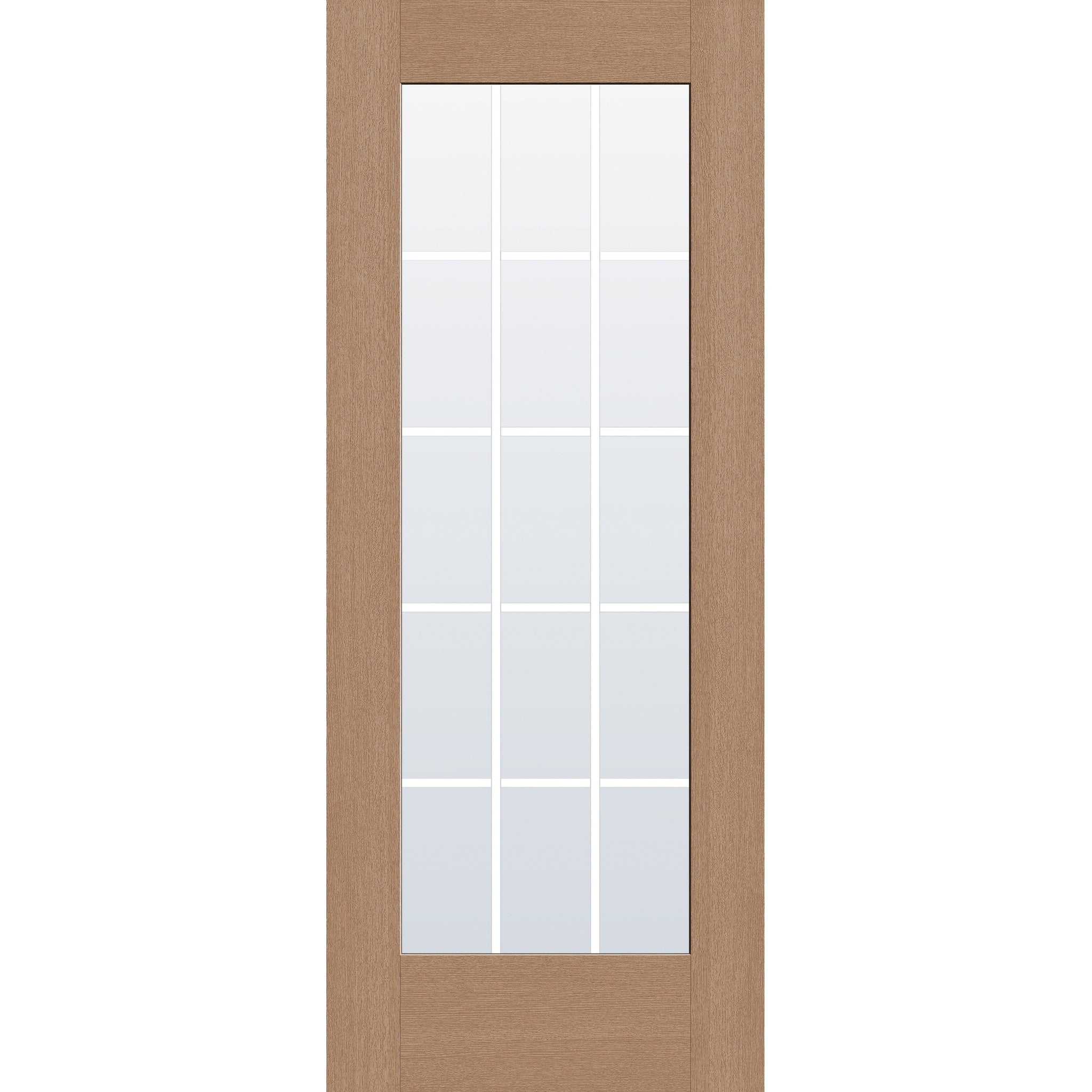 15 light grille flush glazed fiberglass entry door, full lite, 32" x 80", tan woodgrain finish, white grilles between glass