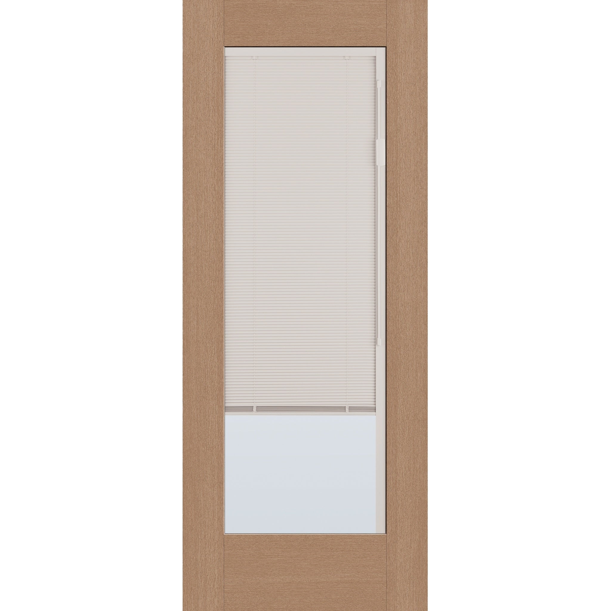 Raise & Lower Blinds flush glazed fiberglass entry door, full lite, 32" x 80", tan woodgrain finish, white blinds