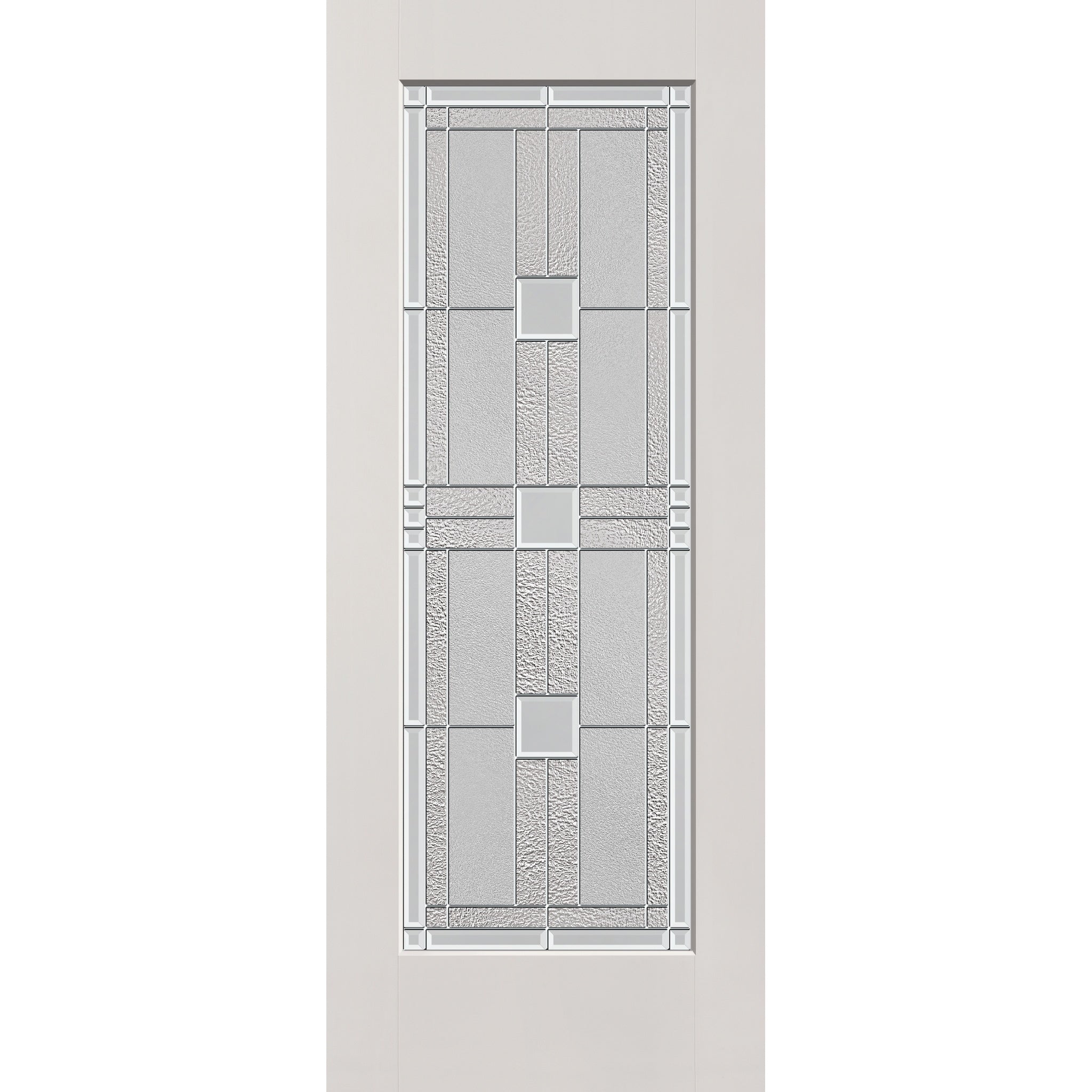 Austin flush glazed hurricane-rated fiberglass entry door, full lite, 32" x 80", white satin smooth finish, Satin Nickel caming