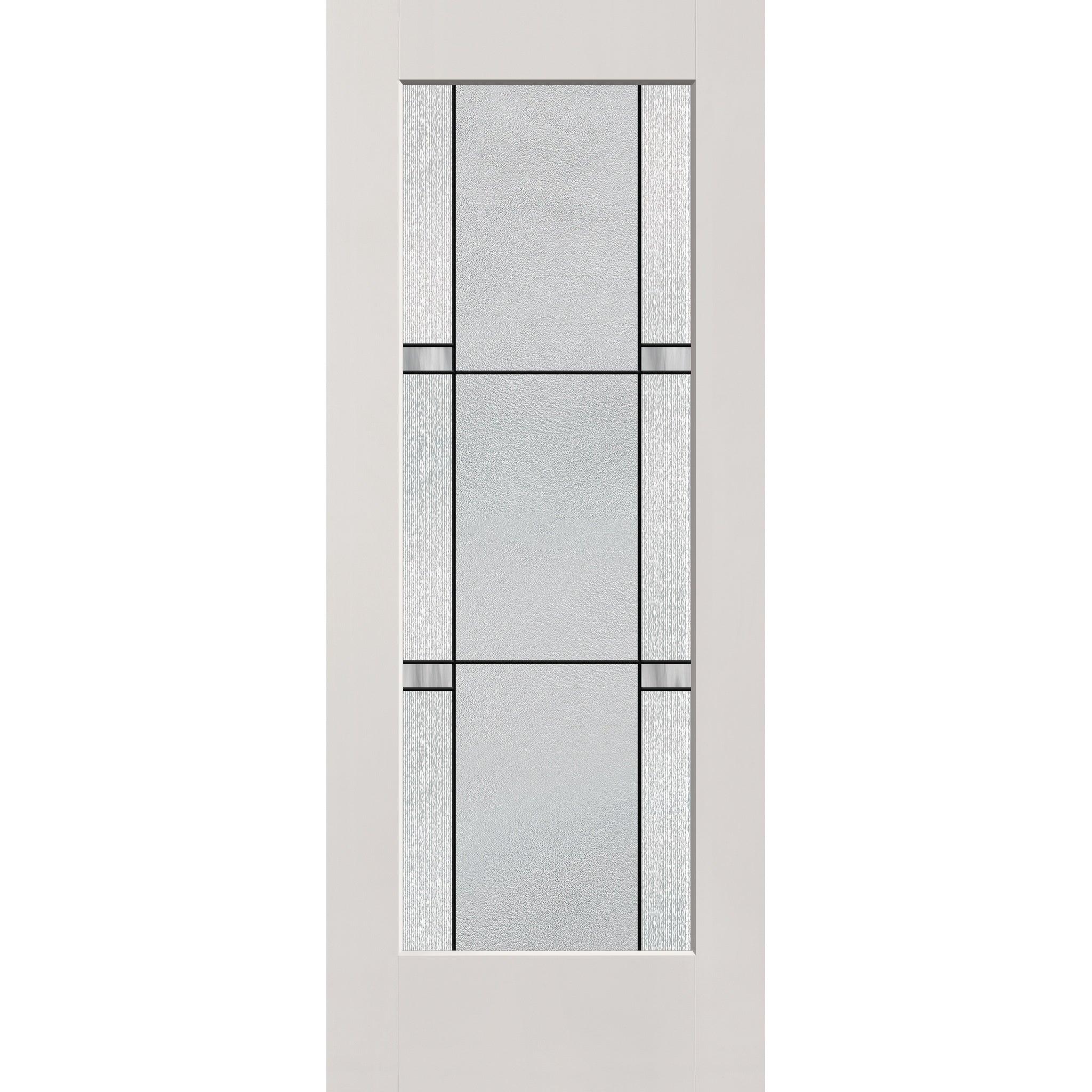 Dexter flush glazed fiberglass entry door, full lite, 32" x 80", white satin smooth finish, Black Aluminum caming