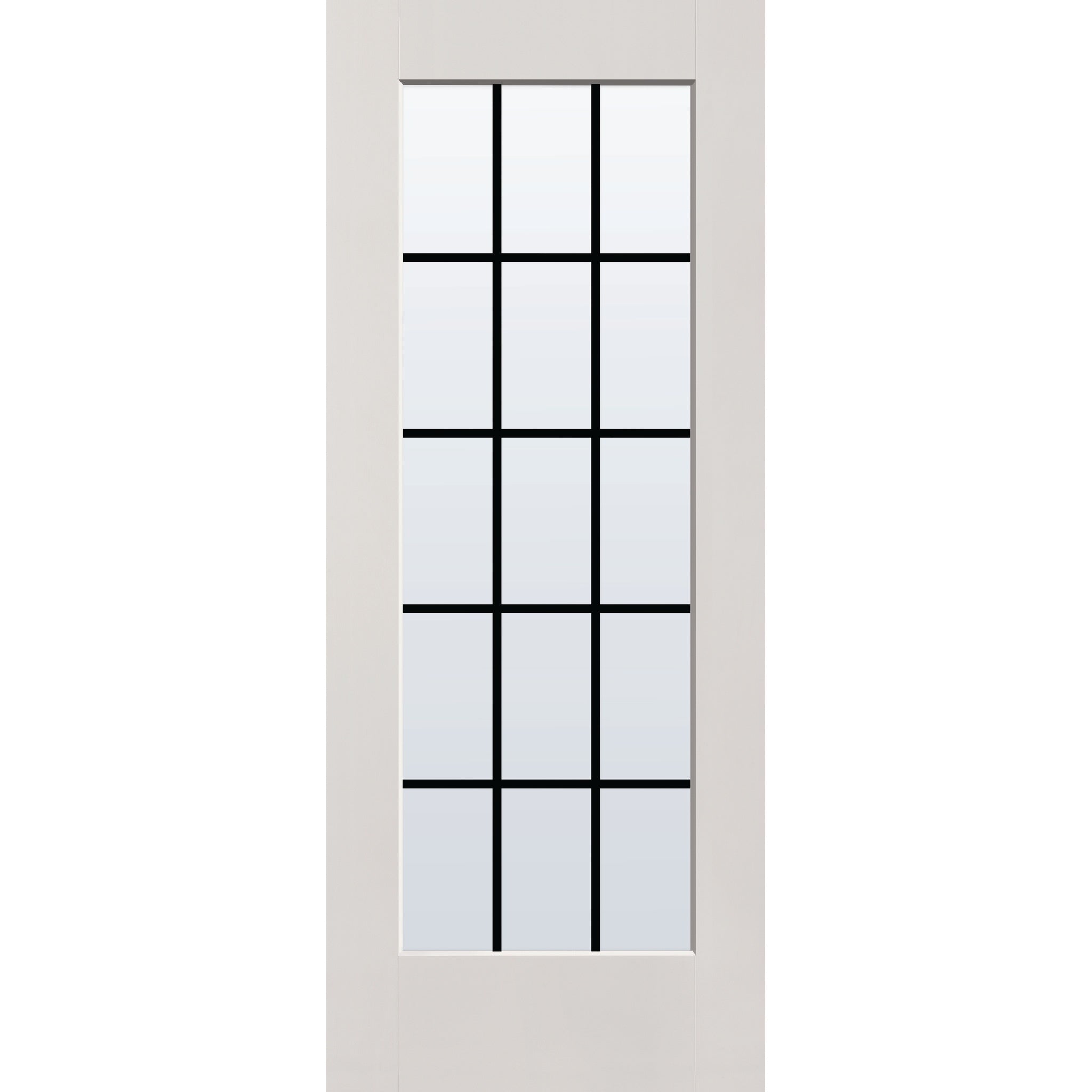 15 light grille flush glazed fiberglass entry door, full lite, 32" x 80", white satin smooth finish, black grilles between glass