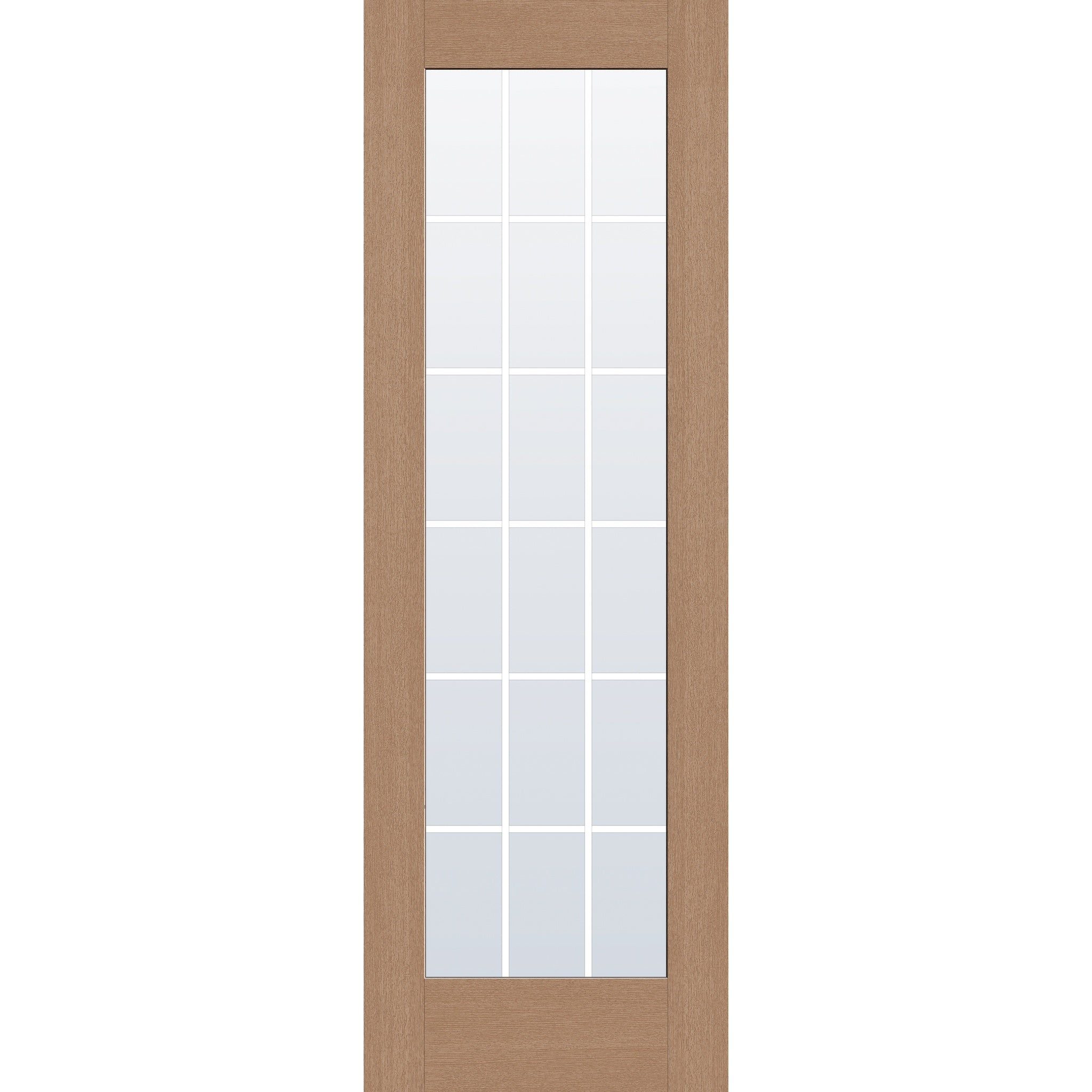 18 light grille flush glazed hurricane-rated fiberglass entry door, full lite, 32" x 96", tan woodgrain finish, white grilles between glass