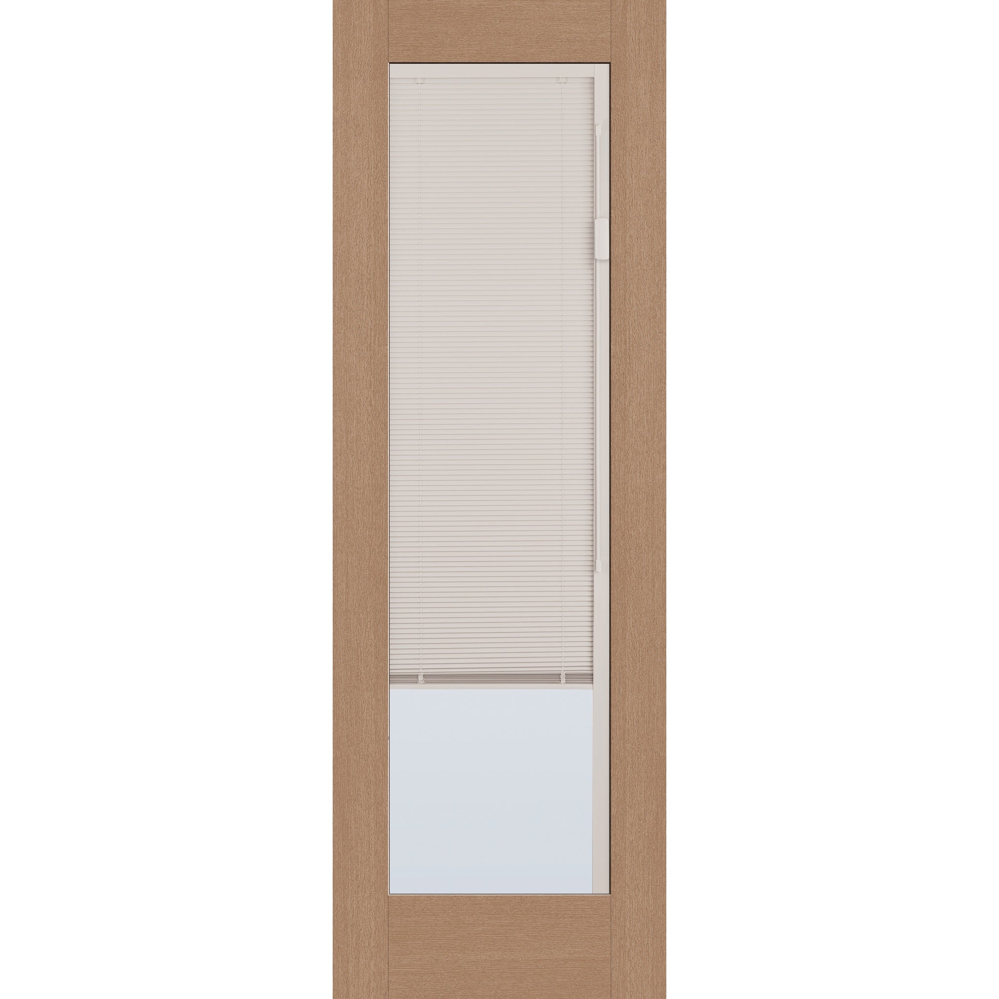 Raise & Lower Blinds flush glazed fiberglass entry door, full lite, 32" x 96", tan woodgrain finish, white blinds