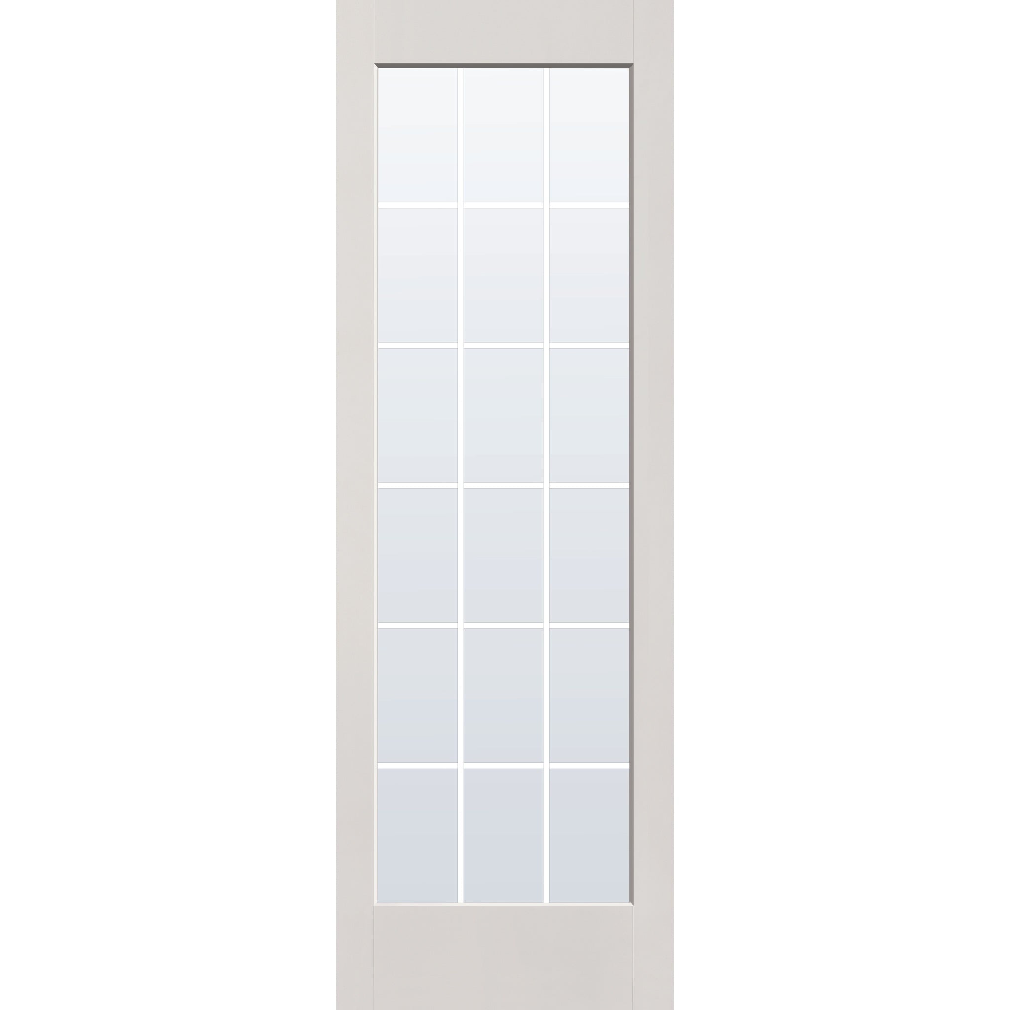 18 light grille flush glazed hurricane-rated fiberglass entry door, full lite, 32" x 96", white satin smooth finish, white grilles between glass