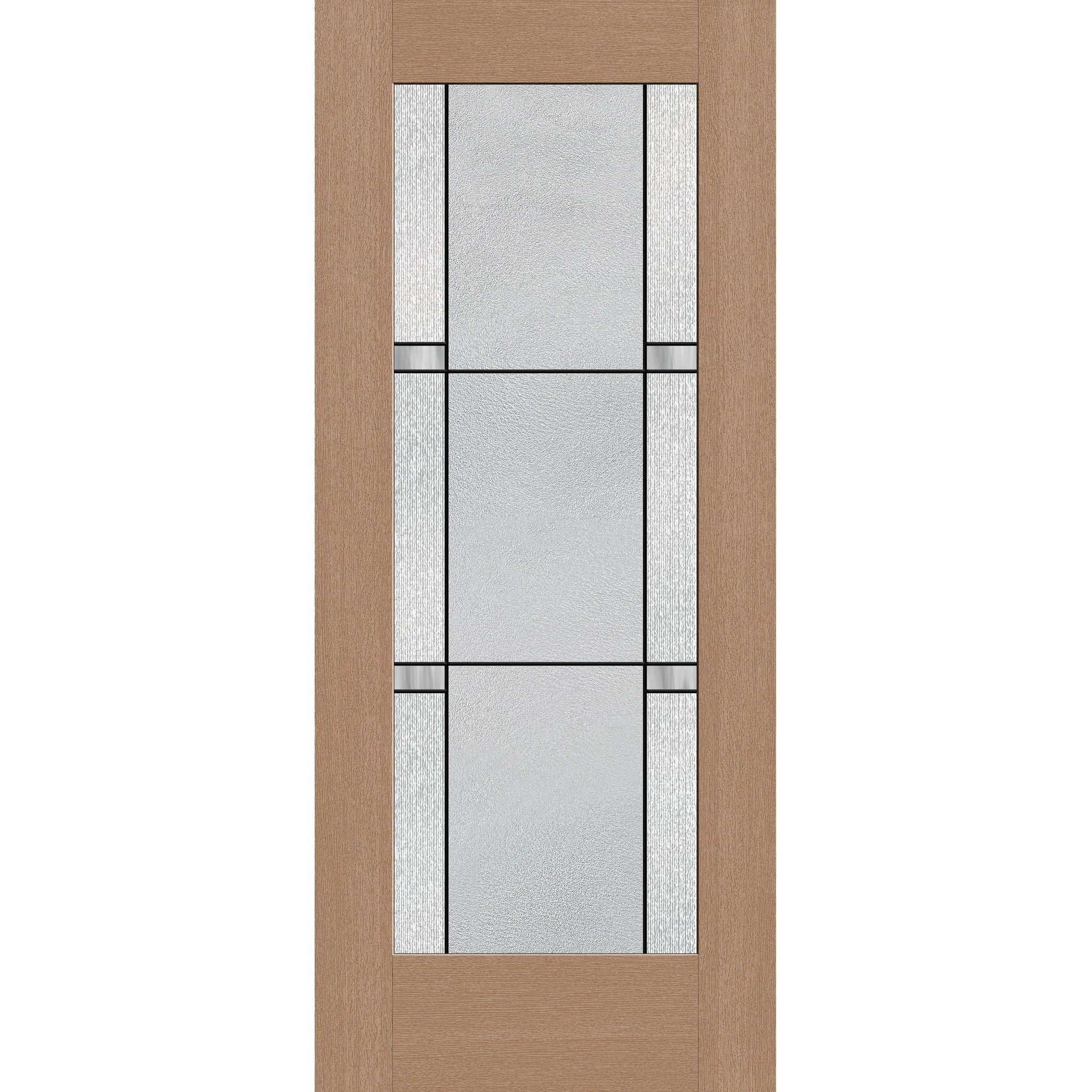 Dexter flush glazed hurricane-rated fiberglass entry door, full lite, 34" x 80", tan woodgrain finish, Black Aluminum caming