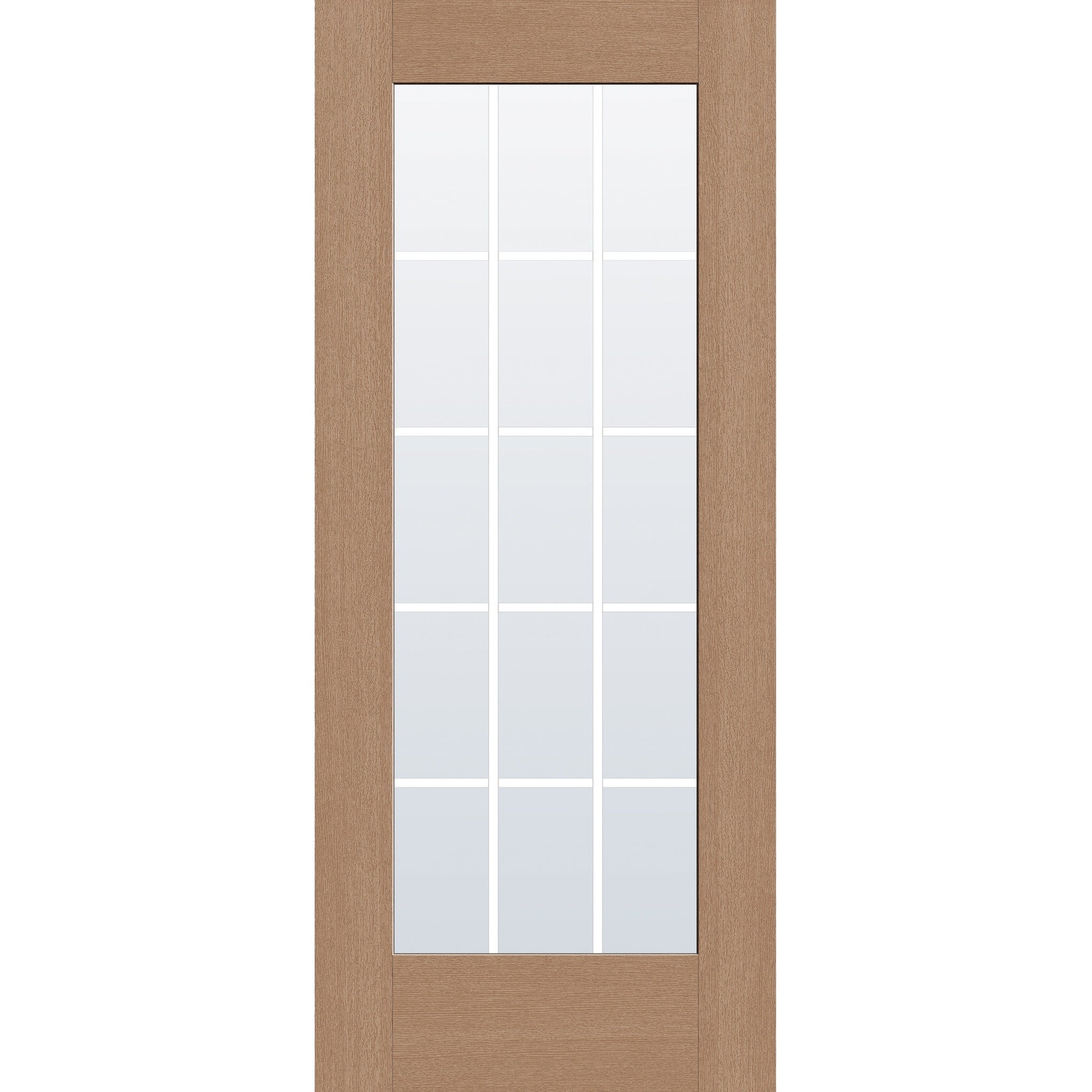 15 light grille flush glazed hurricane-rated fiberglass entry door, full lite, 34" x 80", tan woodgrain finish, white grilles between glass