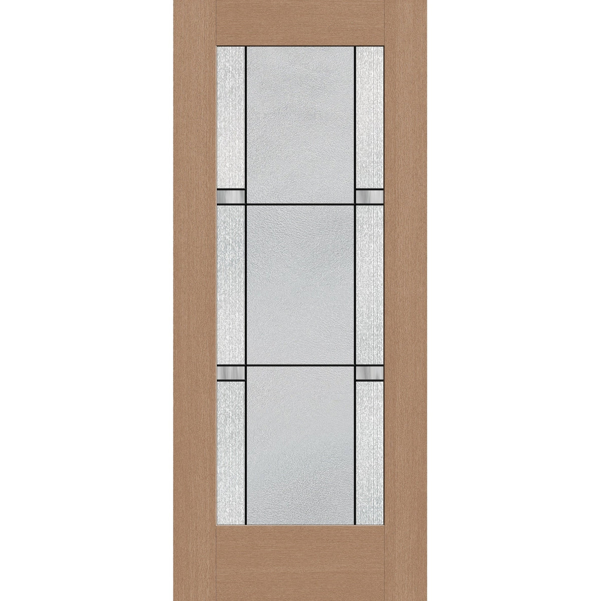 Dexter flush glazed fiberglass entry door, full lite, 34" x 80", tan woodgrain finish, Black Aluminum caming