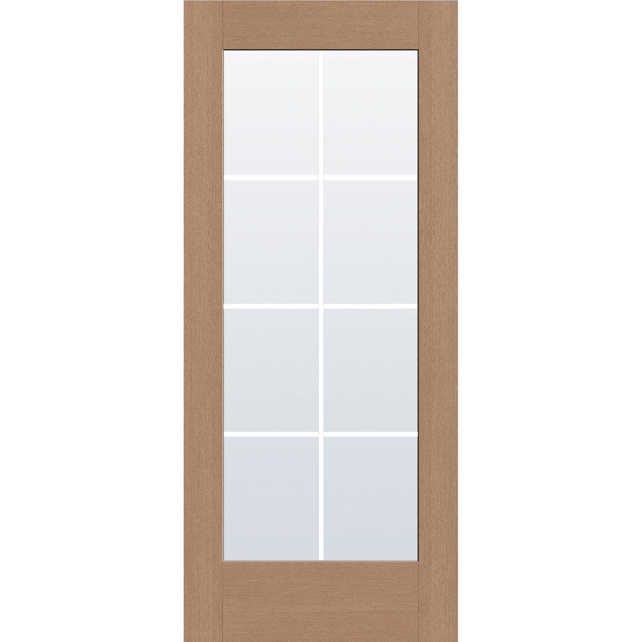 8 light grille flush glazed fiberglass entry door, full lite, 34" x 80", tan woodgrain finish, white grilles between glass